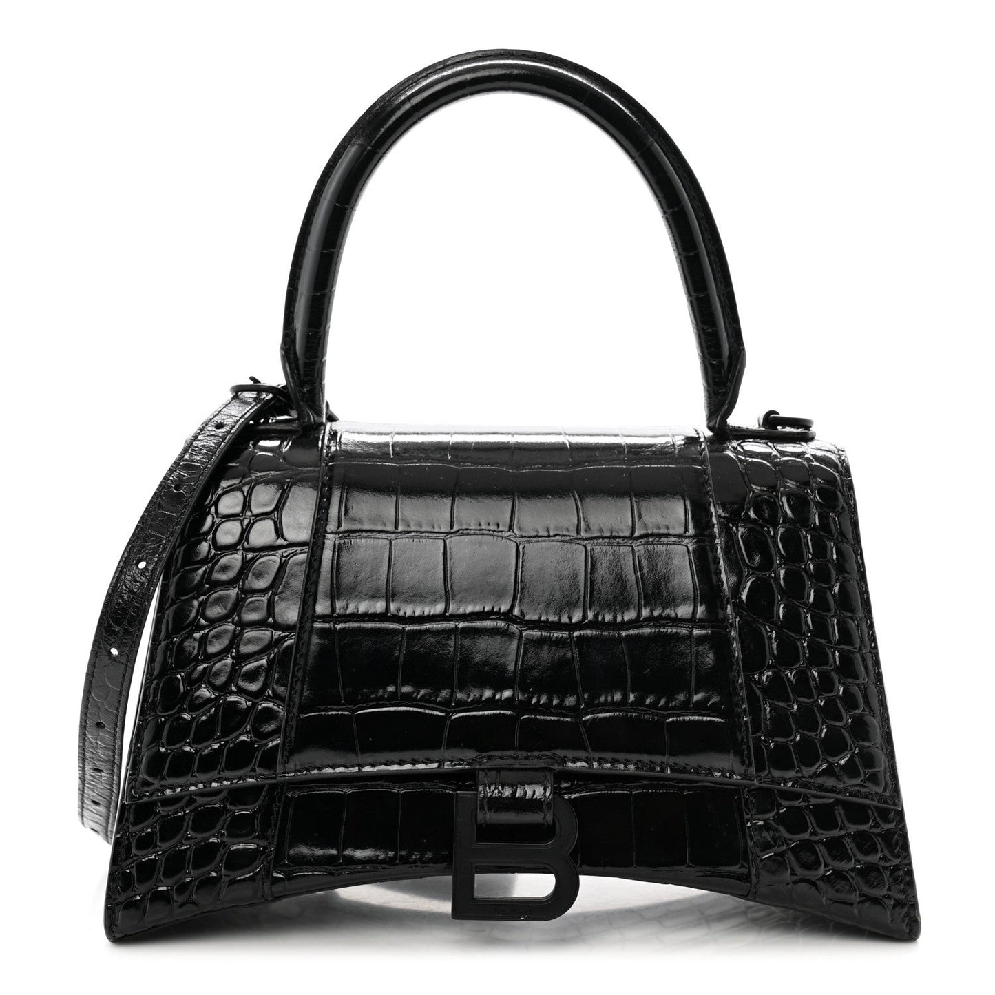 Shiny Calfskin Monochrome Crocodile Embossed Small Hourglass Top Handle Bag Black
