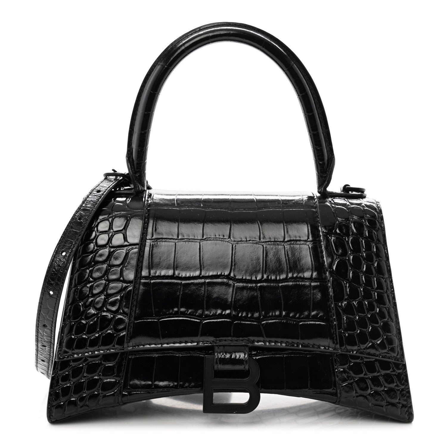 Balenciaga Shiny Calfskin Monochrome Crocodile Embossed Small Hourglass Top Handle Bag Black 1 of 7