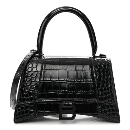 Balenciaga Shiny Calfskin Monochrome Crocodile Embossed Small Hourglass Top Handle Bag Black 1 of 7