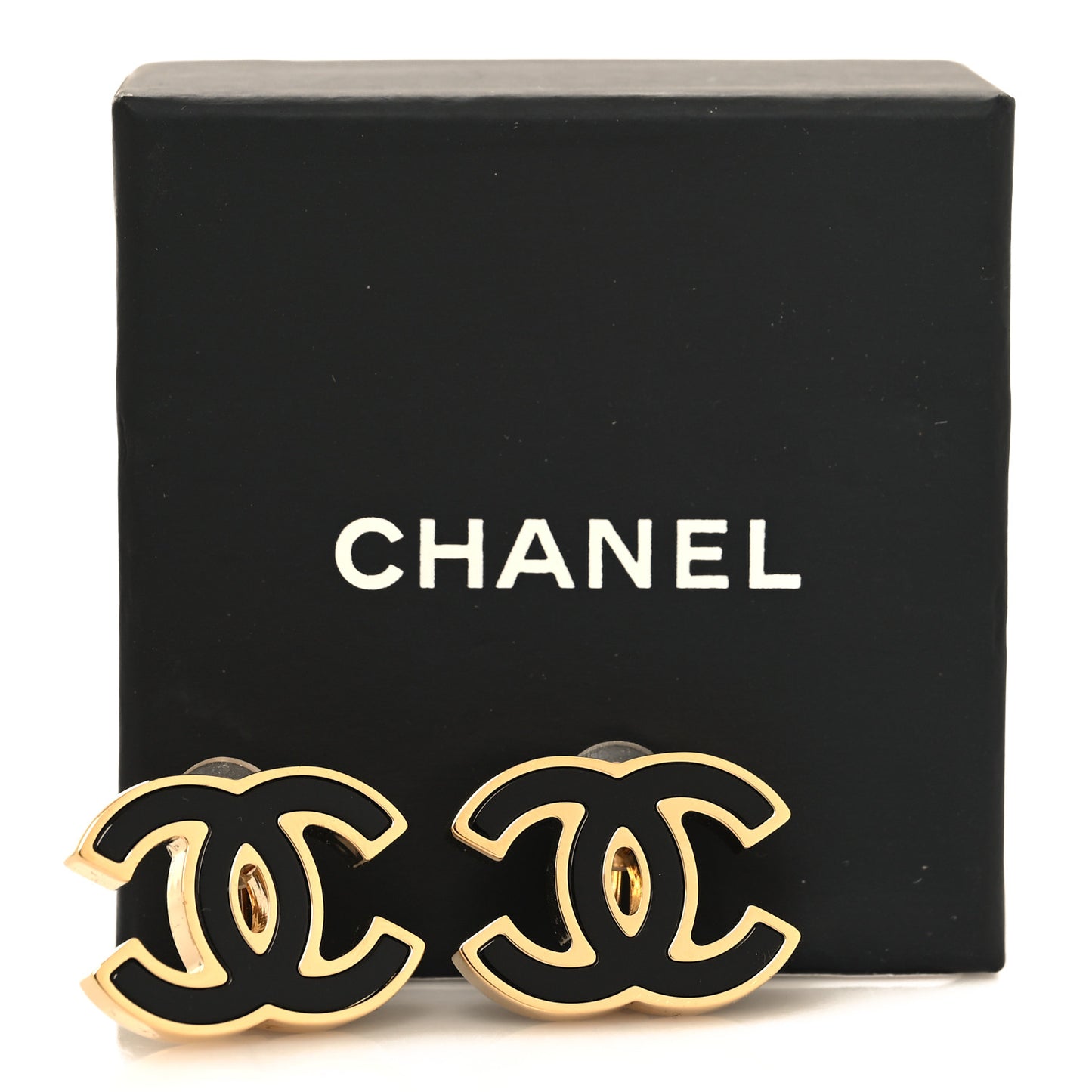 Enamel CC Clip On Earrings Black Gold