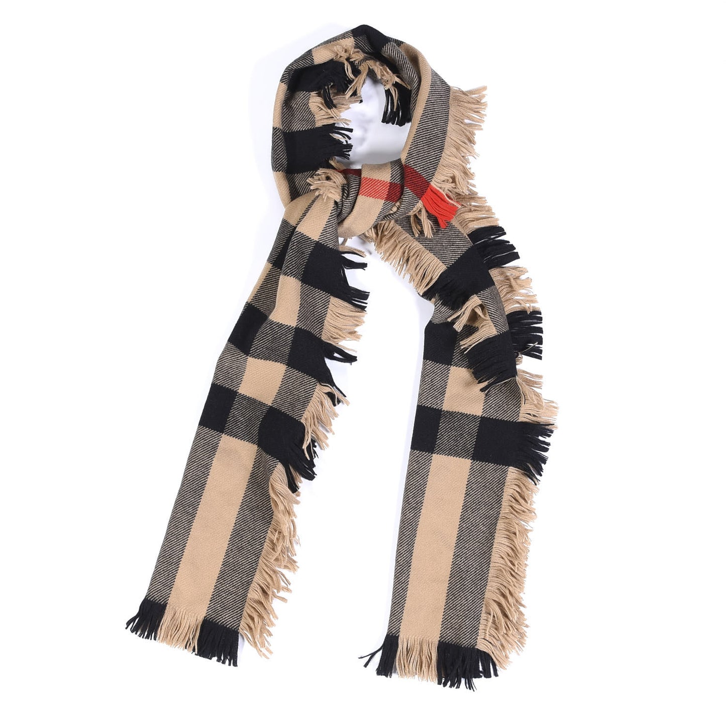 Wool Half Mega Check Fringe Scarf Camel