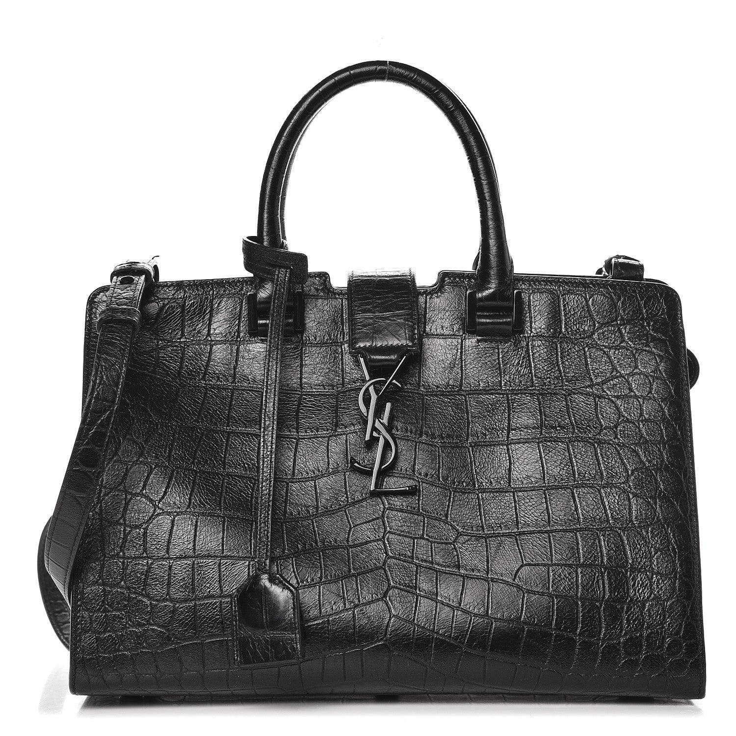 Saint Laurent Calfskin Crocodile Embossed Small Monogram Cabas Black 1 of 9