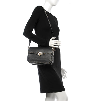 Valentino Garavani Pebbled Calfskin Medium Rockstud Flap Saddle Bag Black 2 of 7