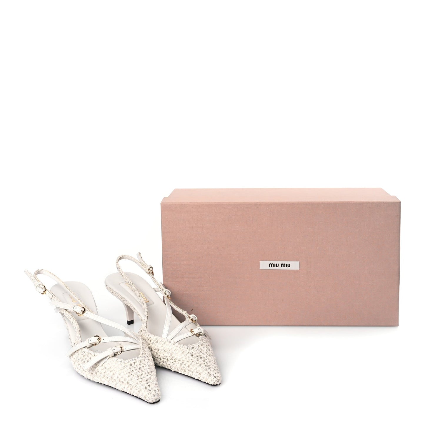 Tweed Buckle 55mm Slingback Pumps 37 White