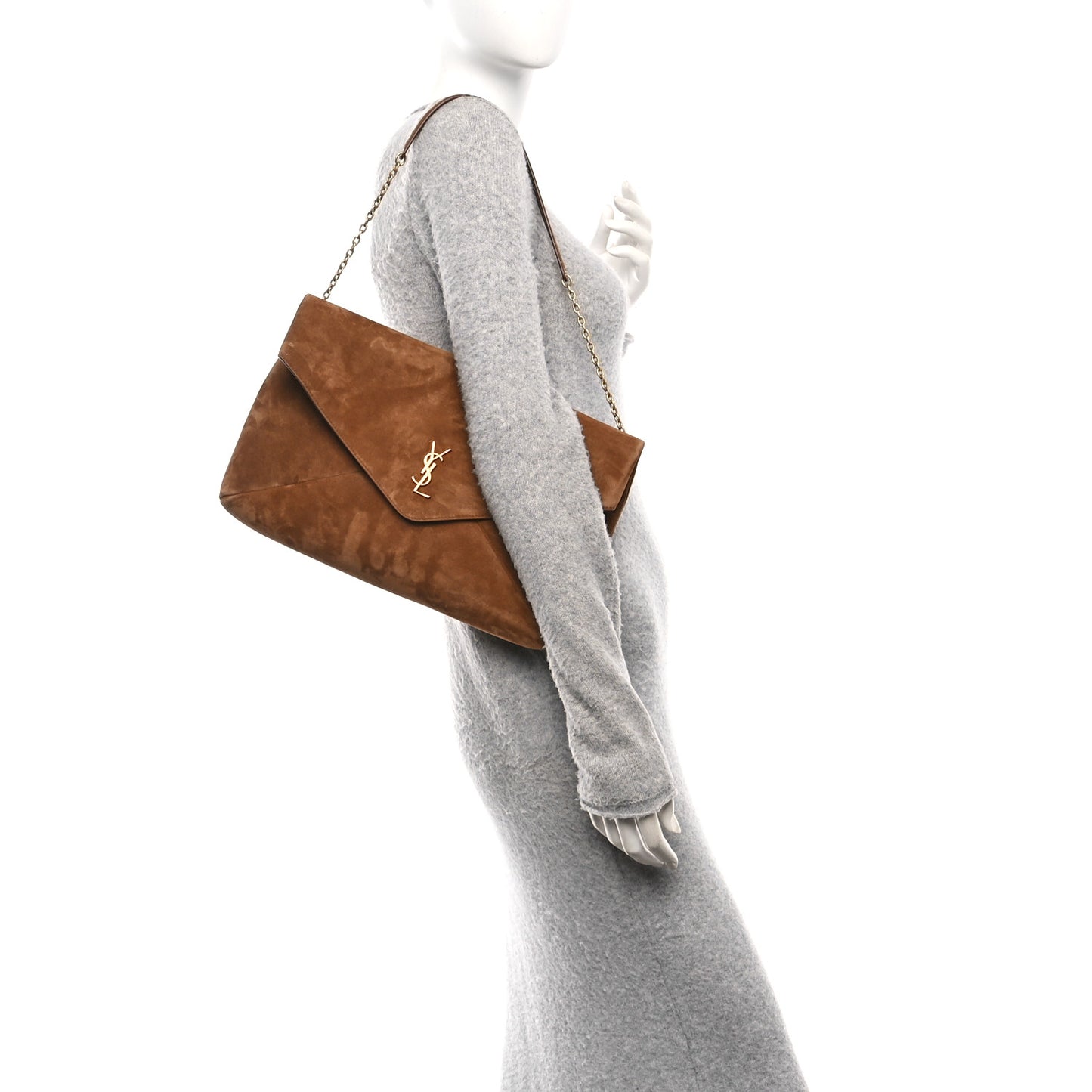 Suede Large Cassandre Pouch On Chain Caramel Cognac