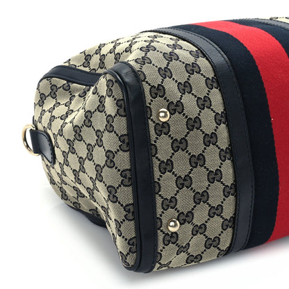 Gucci Monogram Selleria Calfskin Vintage Web Medium Boston Beige Blue 7 of 8