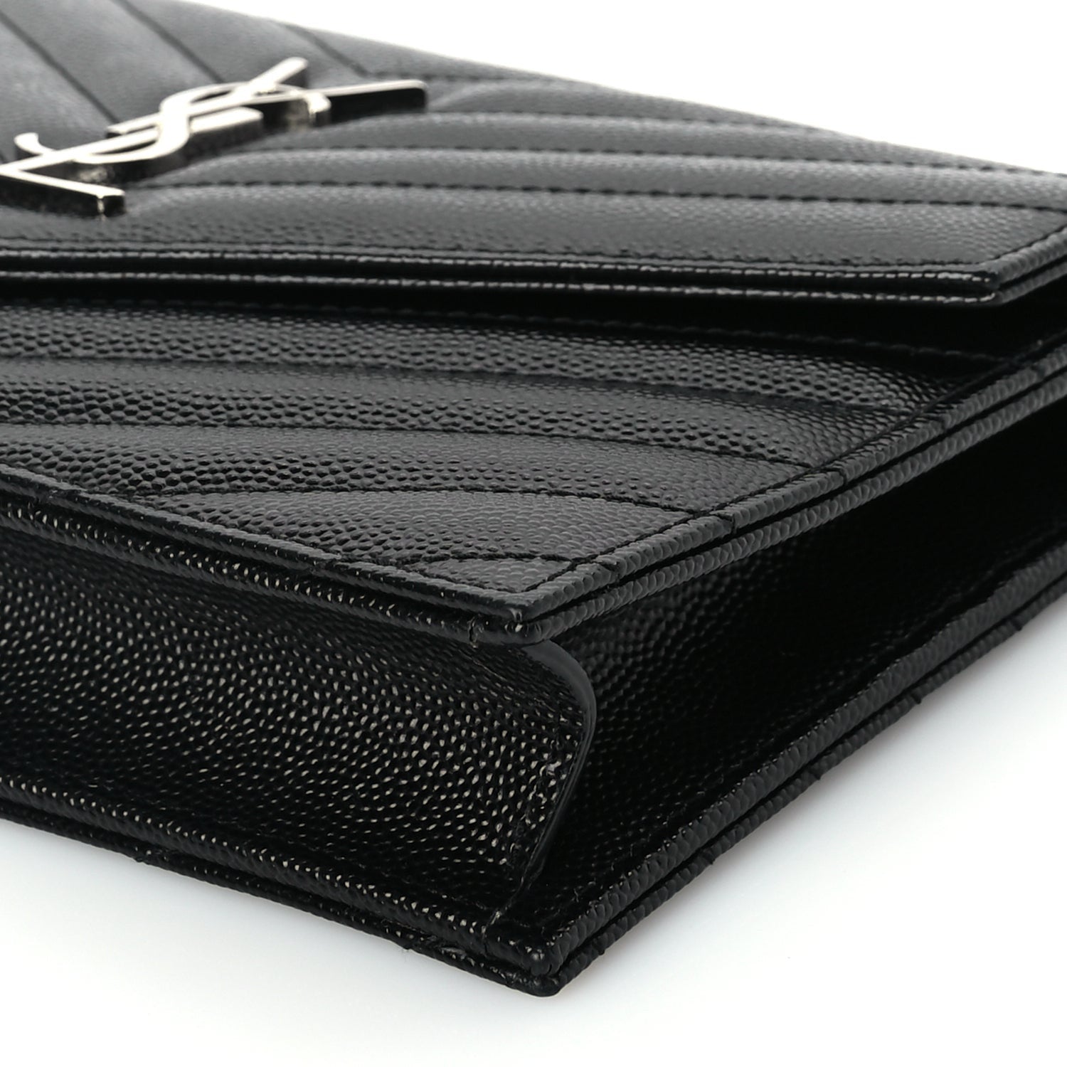 Saint Laurent Grain De Poudre Matelasse Chevron Monogram Envelope Chain Wallet Black 15 of 16