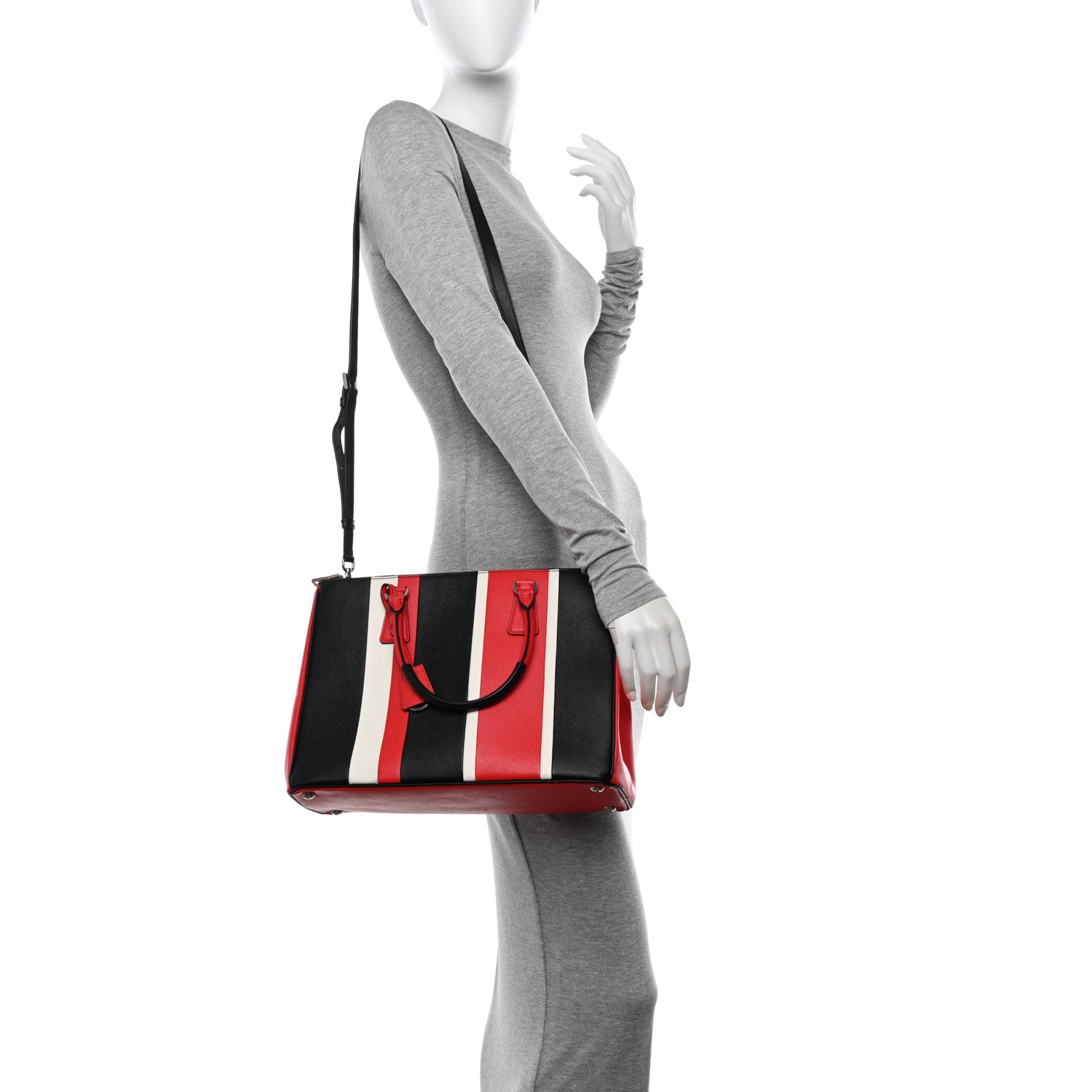 Prada Saffiano Baiadera Striped Medium Galleria Double Zip Tote Black Fuoco White 2 of 12