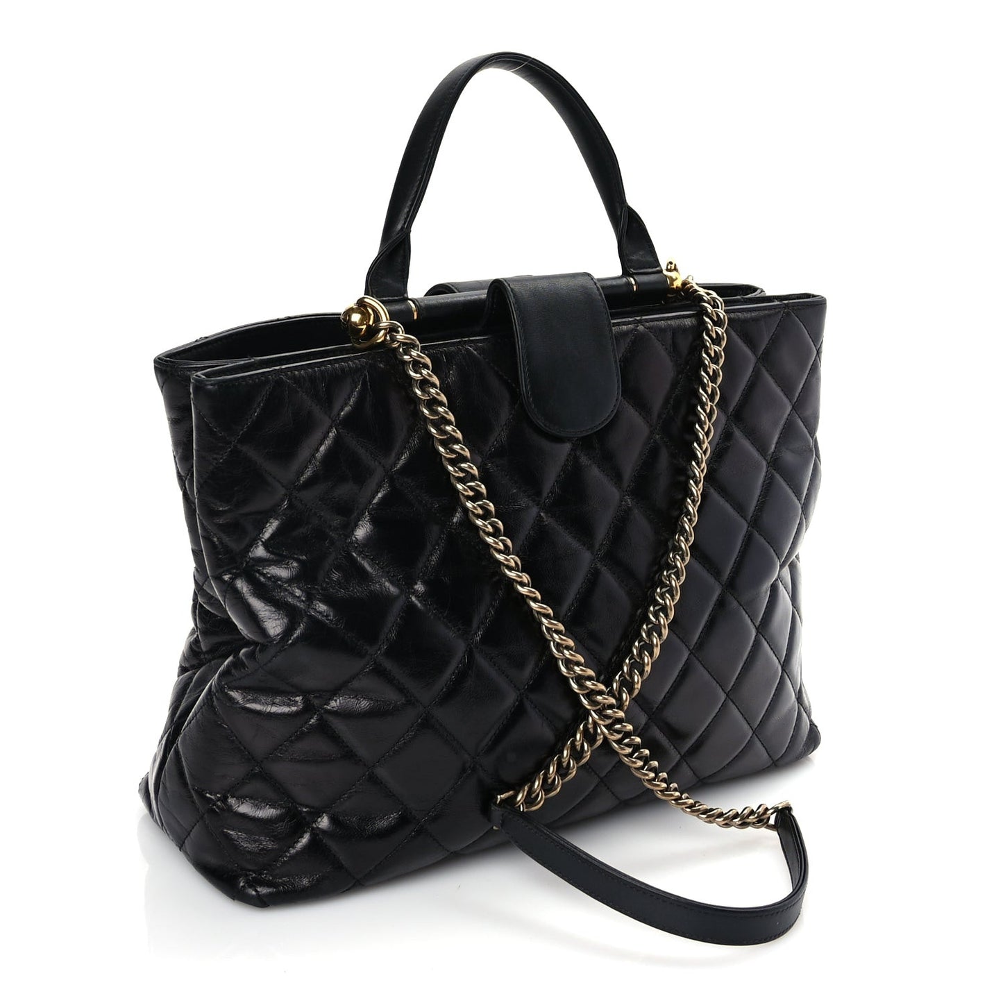 Glazed Calfskin Quilted Gold Bar Tote Black