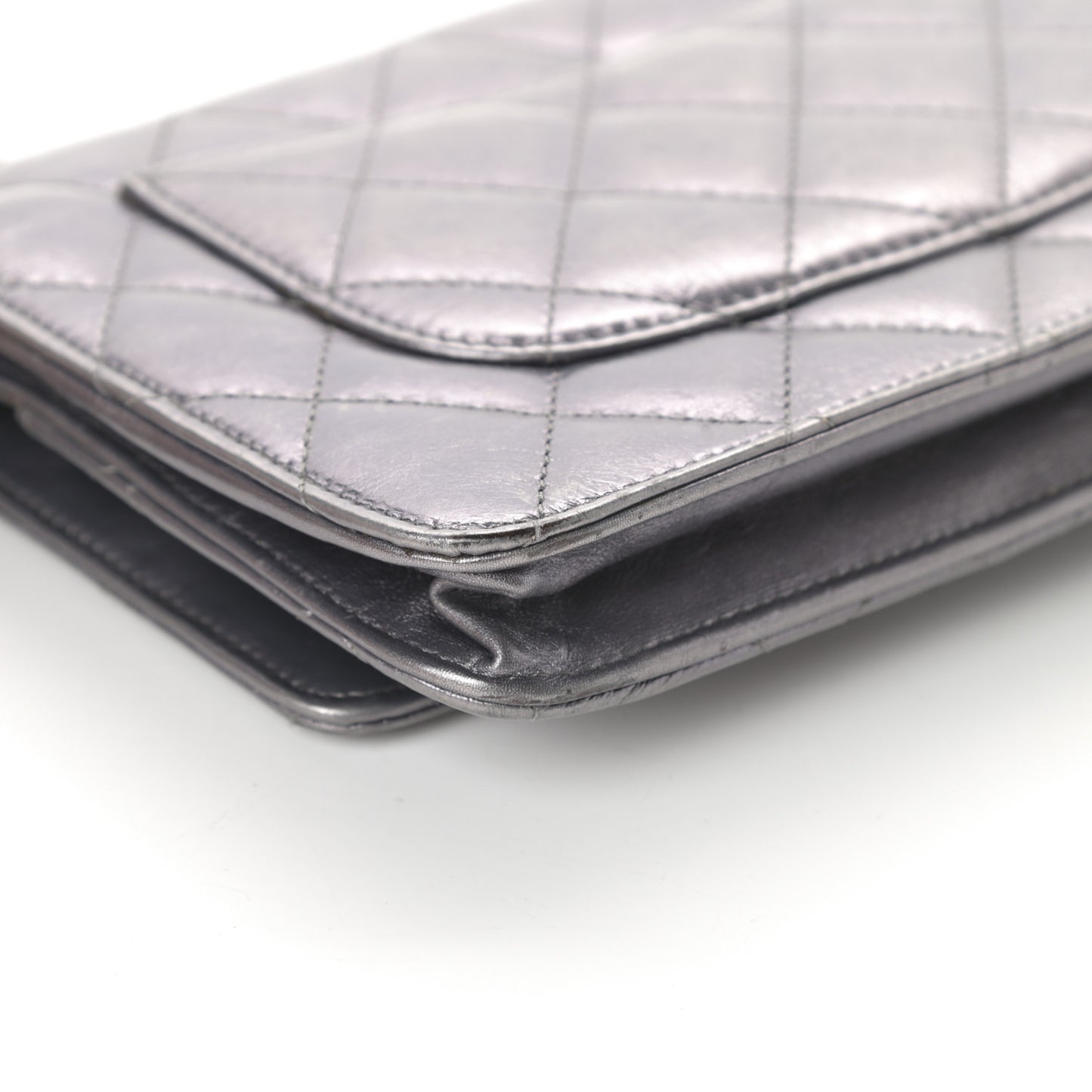 Metallic Aged Calfskin Quilted Reissue Wallet On Chain WOC Dark Silver