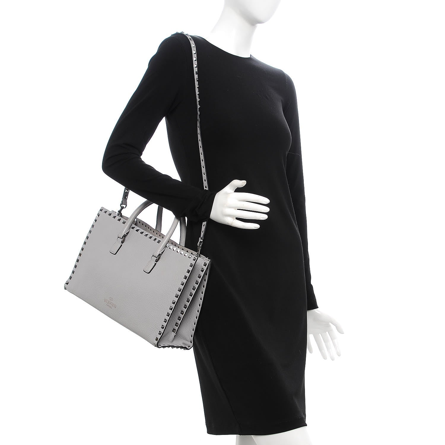 Valentino Garavani Grained Calfskin Medium Rockstud Double Handle Horizontal Tote Pastel Grey 2 of 9
