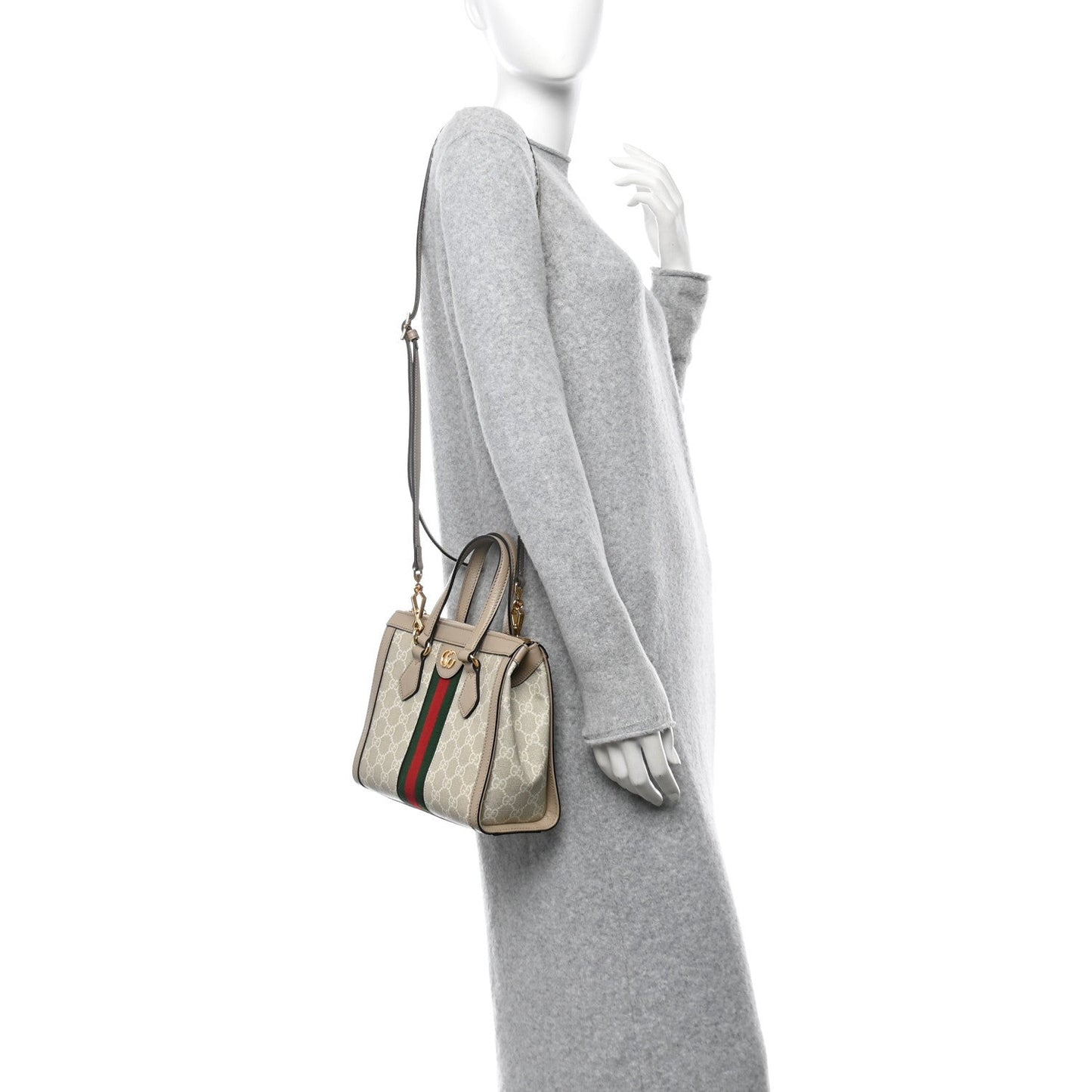 GG Supreme Monogram Textured Dollar Calfskin Web Small Ophidia Tote Bag Beige Mystic White Oatmeal