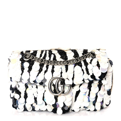 Gucci Satin Sequin Beaded Zebra Small GG Marmont Shoulder Bag  Black White 1 of 8
