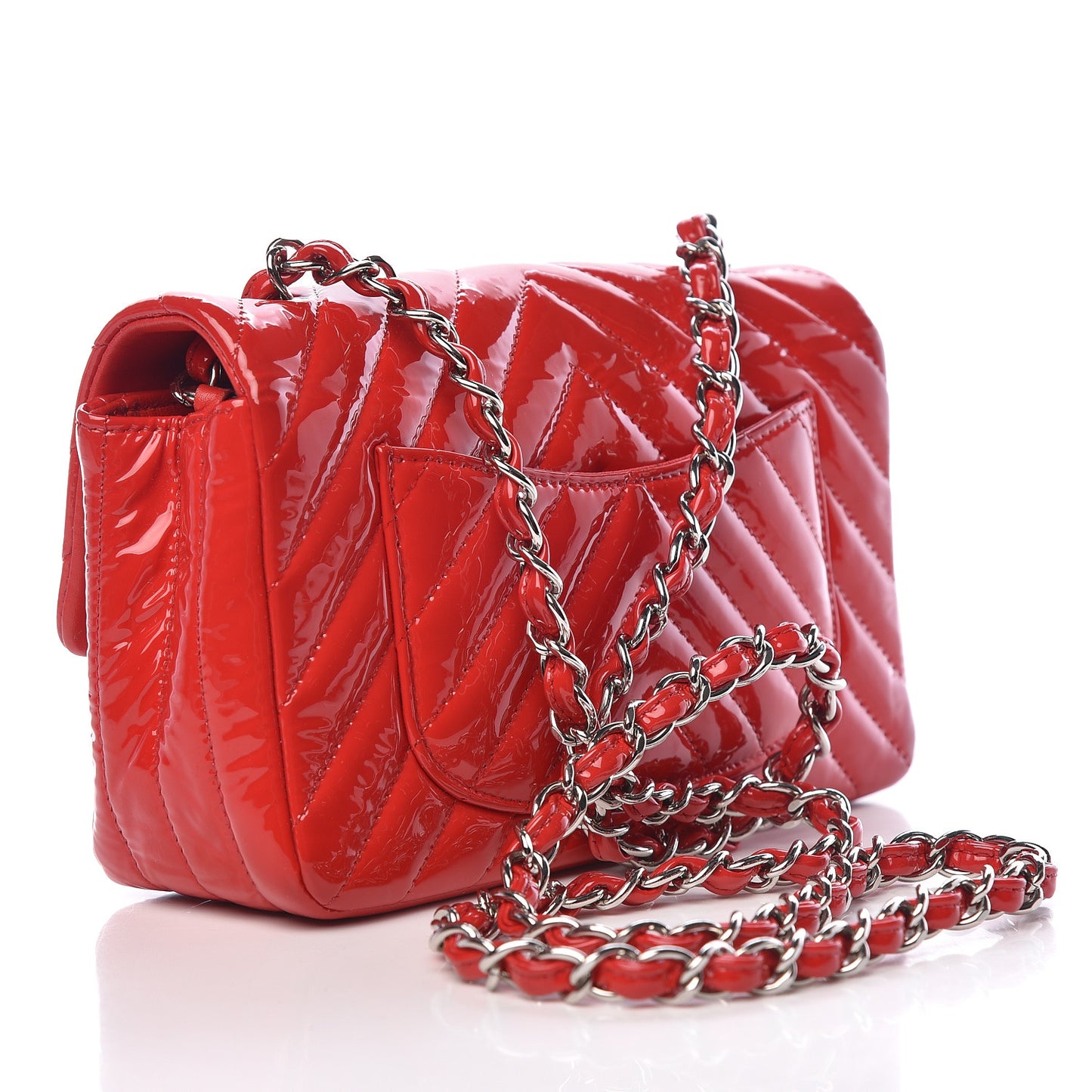 Patent Calfskin Chevron Quilted Mini Rectangular Flap Red