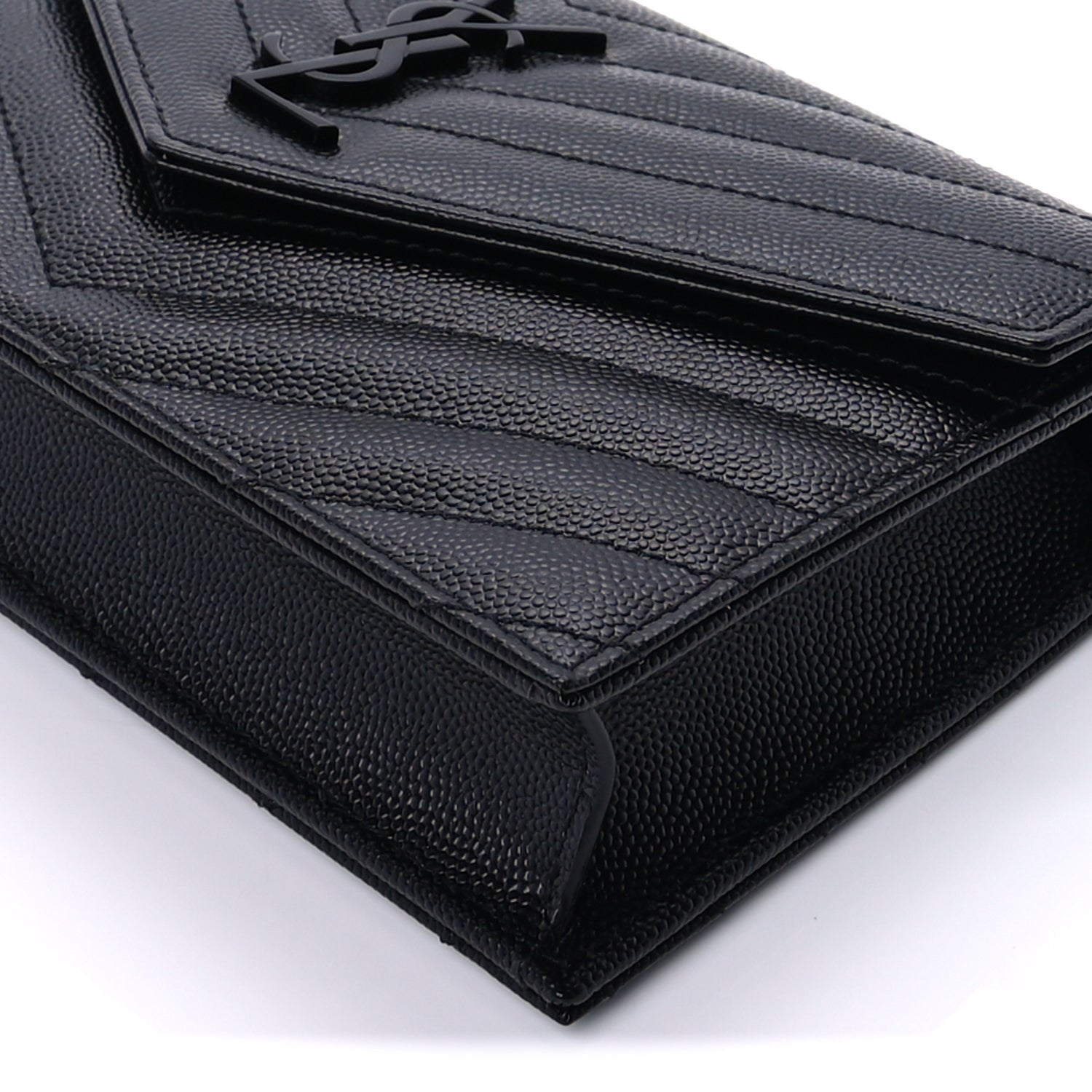 Saint Laurent Grain De Poudre Matelasse Chevron Monogram Monochrome Envelope Chain Wallet Black 7 of 8
