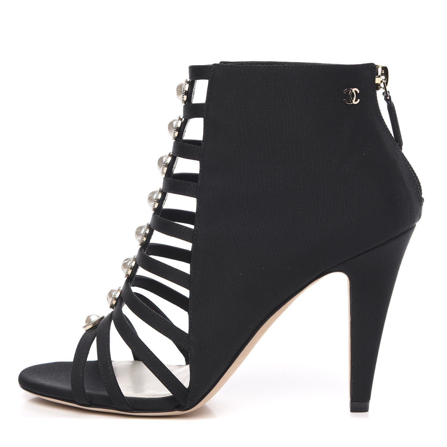 Chanel Grosgrain Pearl Open Toe Caged Ankle Boots 38 Black 1 of 9