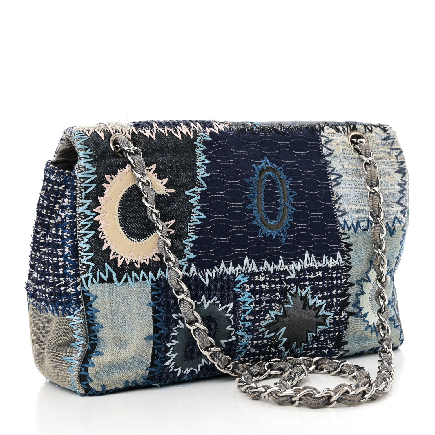 Chanel Denim Tweed Patchwork Jumbo Single Flap Blue 3 of 10