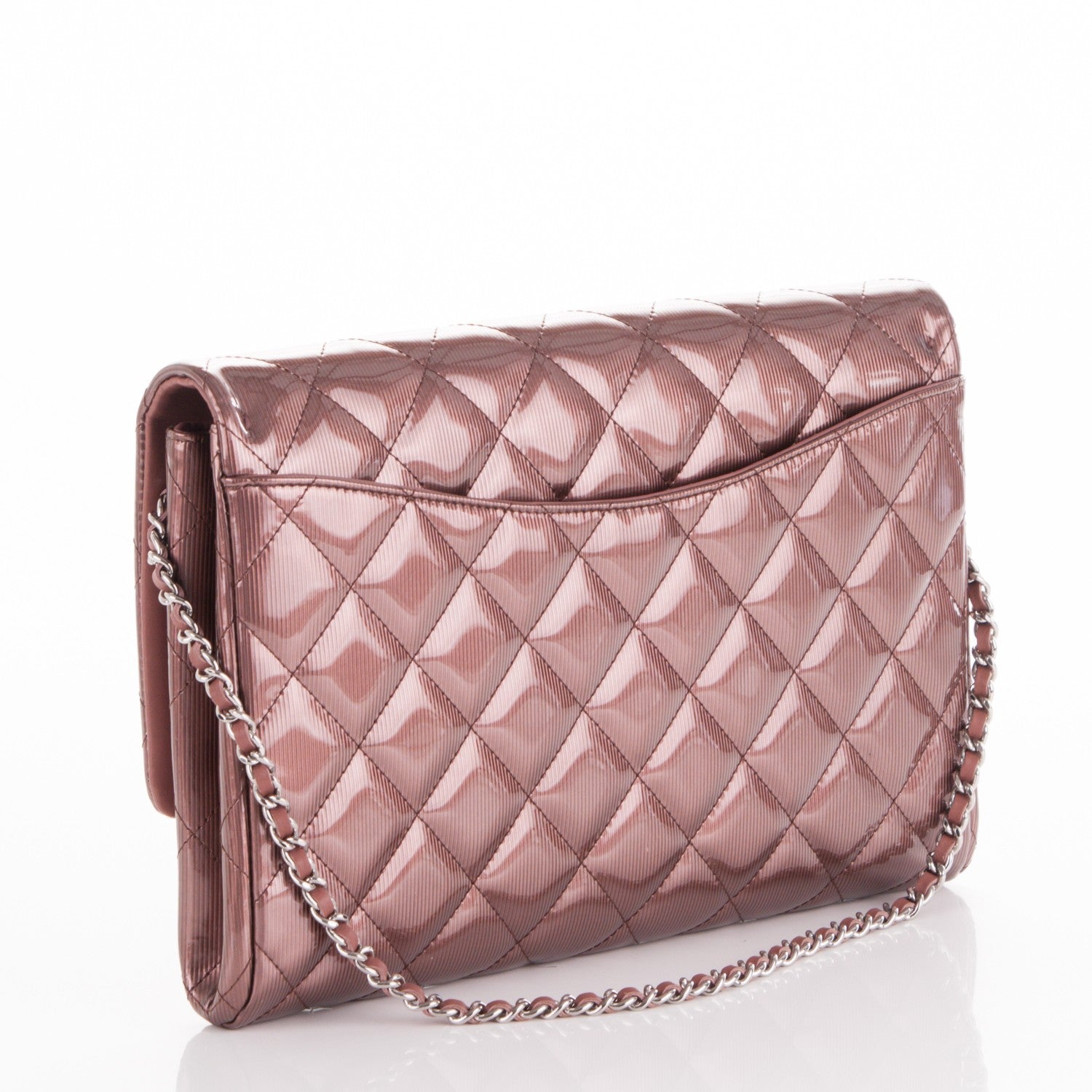 Chanel Striated Patent Quilted Clutch With Chain Flap Dark Pink 3 of 8