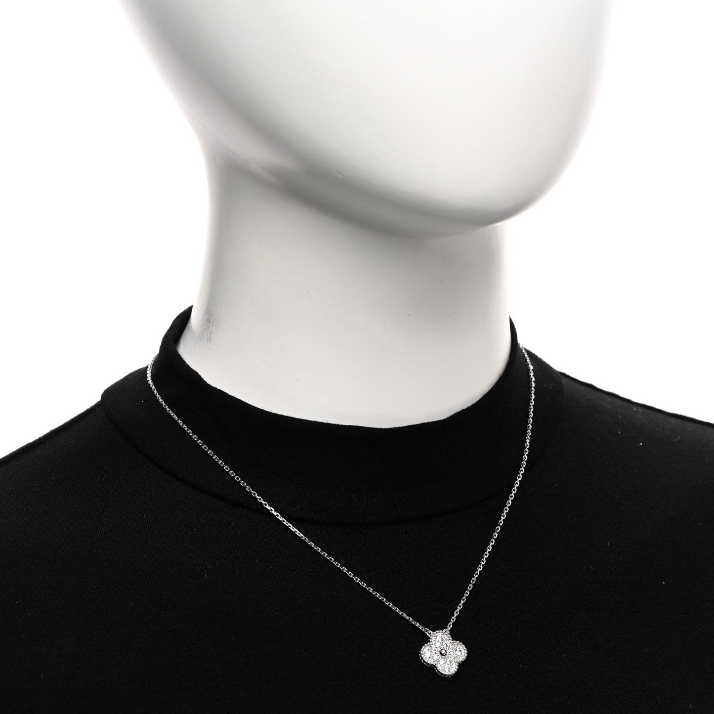 18K White Gold Diamond Vintage Alhambra Pendant Necklace