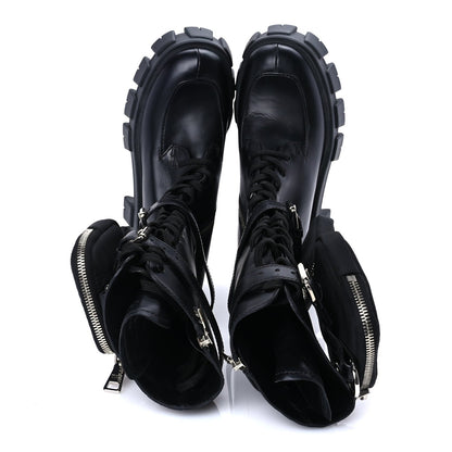 Prada Vitello Lux Nylon Metal Triangle Logo Monolith Pouch Pocket 55mm Tall Combat Boots 37 Black 4 of 7