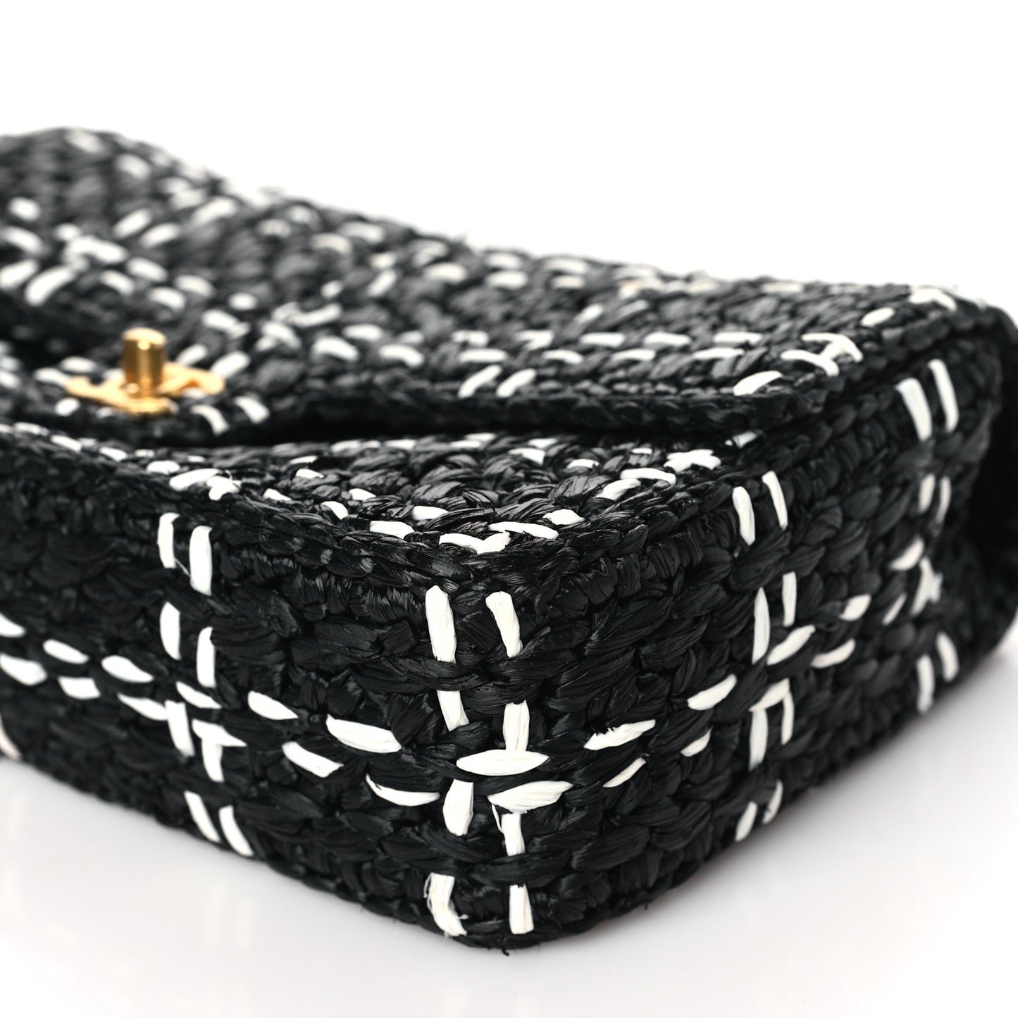 Raffia Effect Medium Tweedy Flap Bag Black White