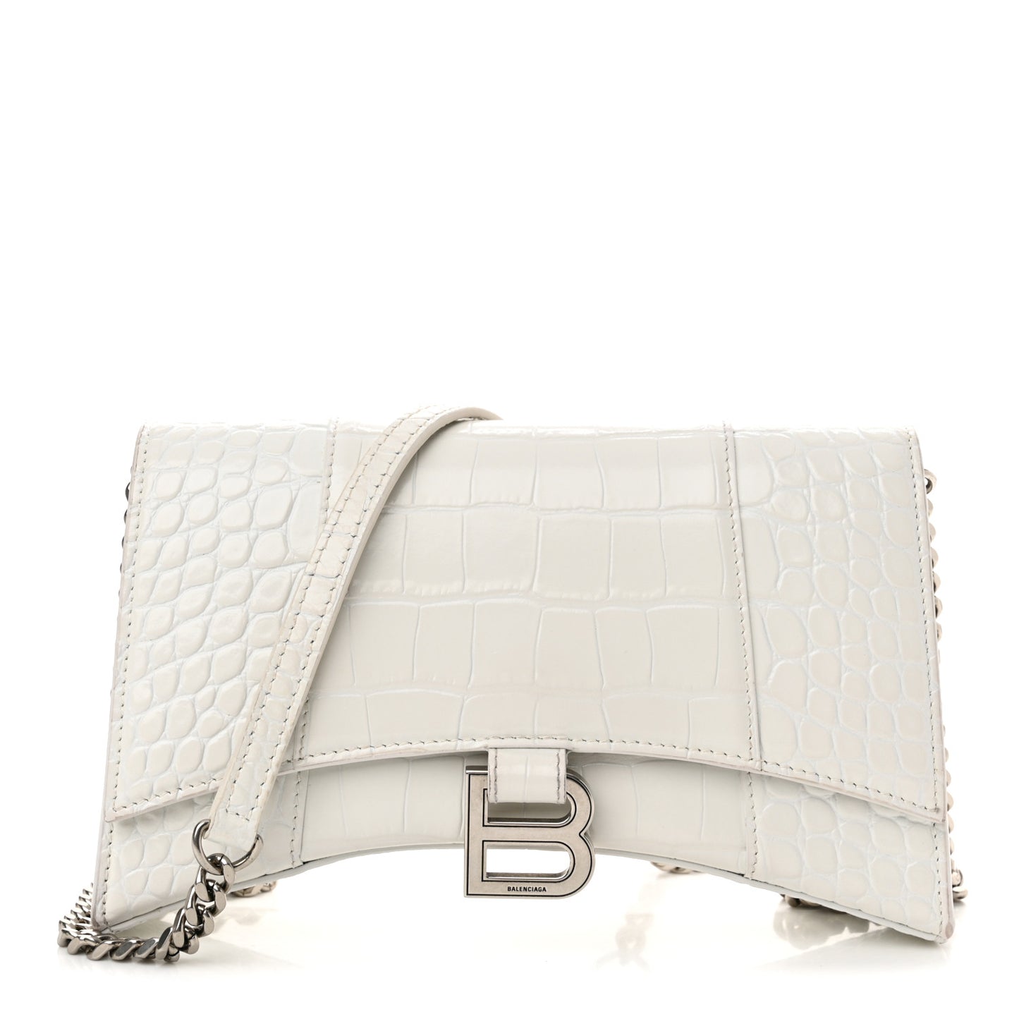Shiny Calfskin Crocodile Embossed Small Hourglass Evening Chain Bag White