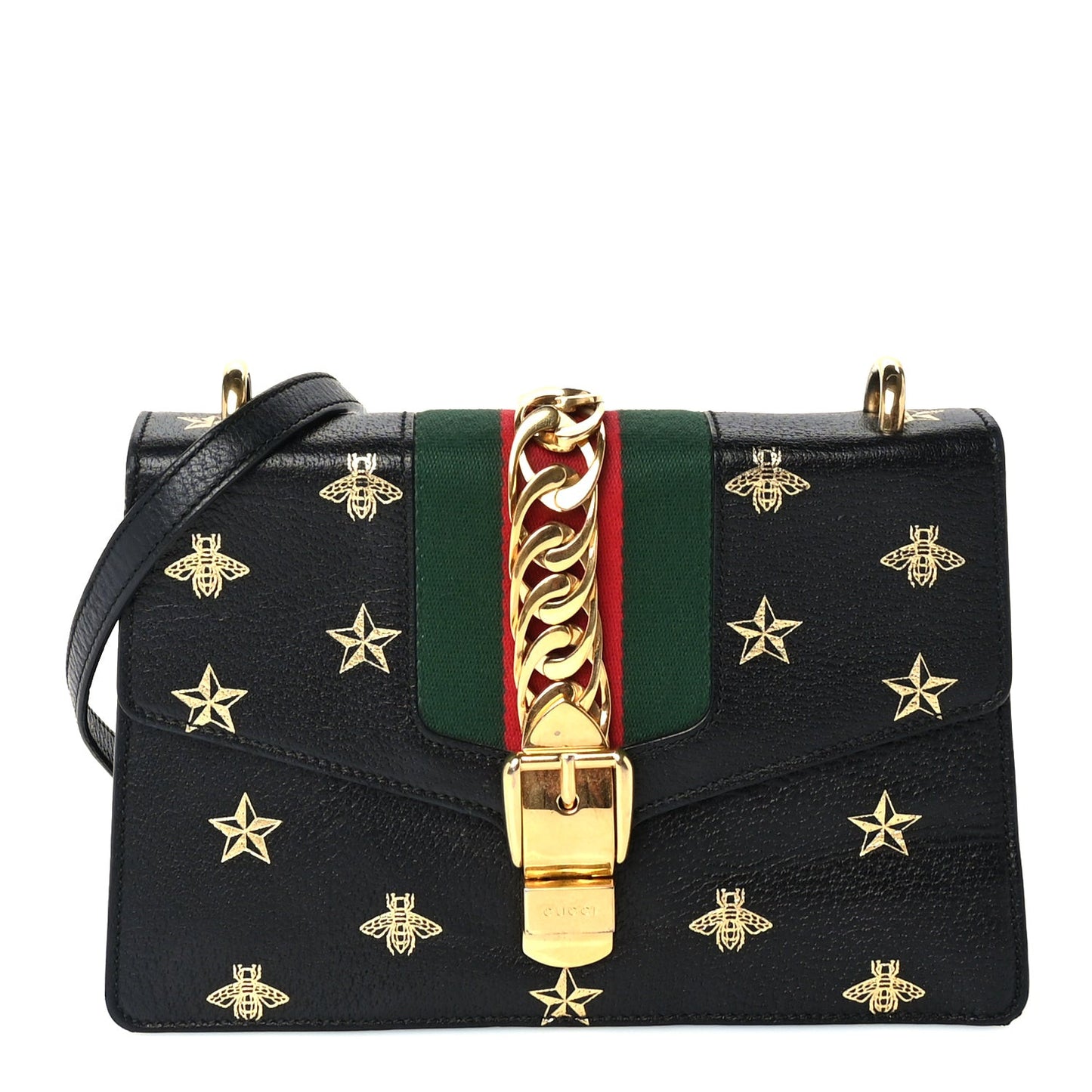Textured Calfskin Bee Star Print Small Sylvie Shoulder Bag Black