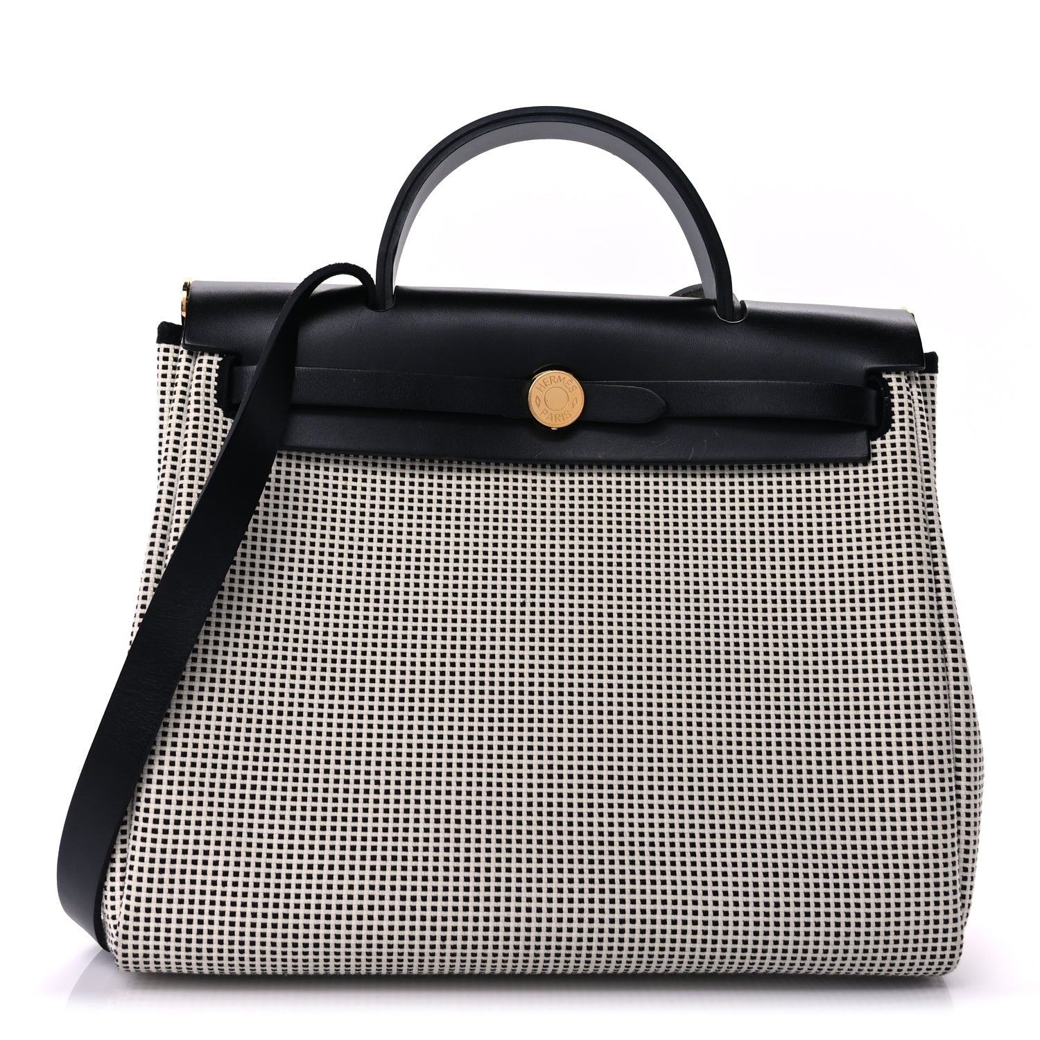 Hermes Vache Hunter Toile Quadrille Viking Herbag Zip Retourne 31 PM Ecru Black 1 of 7