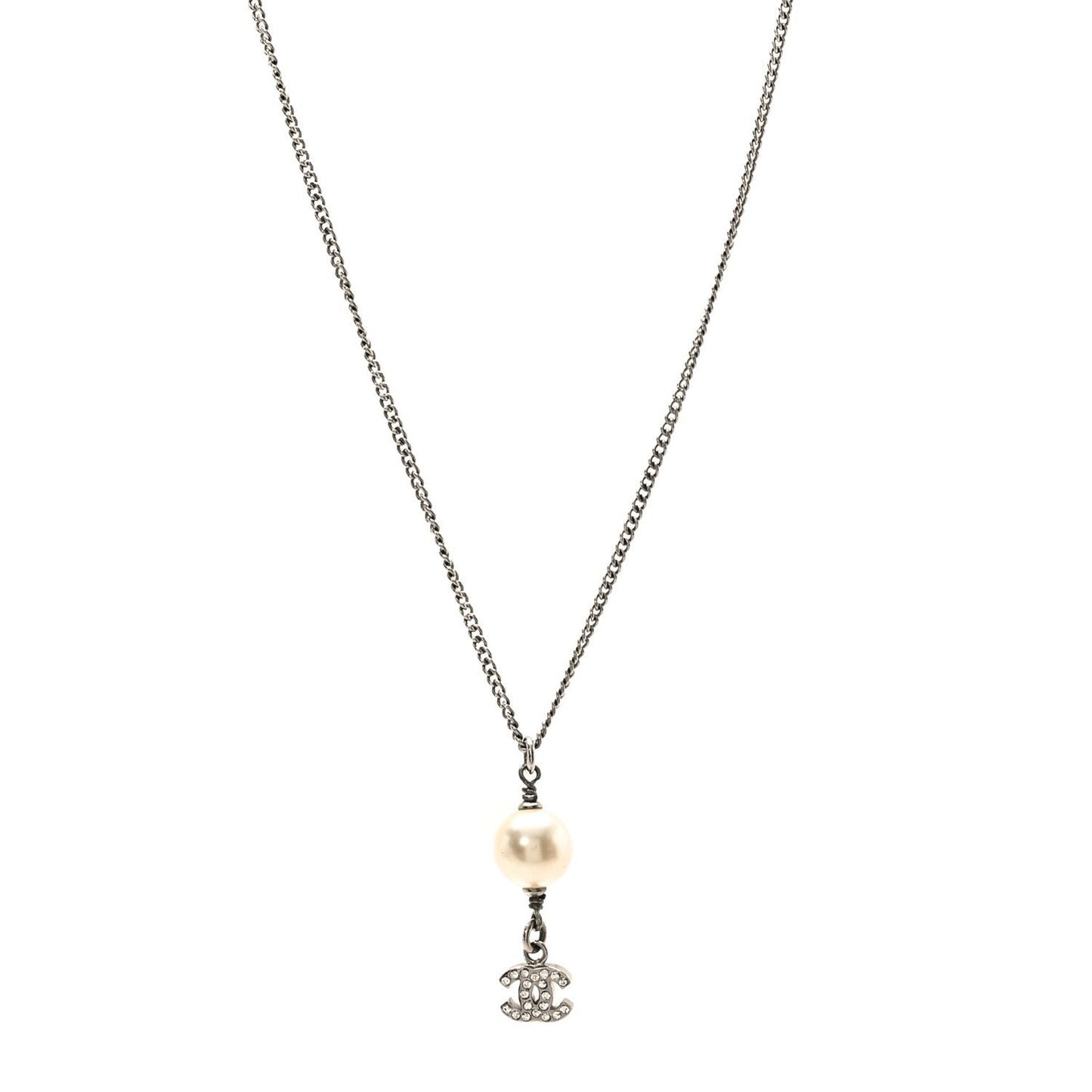 Pearl Crystal CC Pendant Necklace Silver