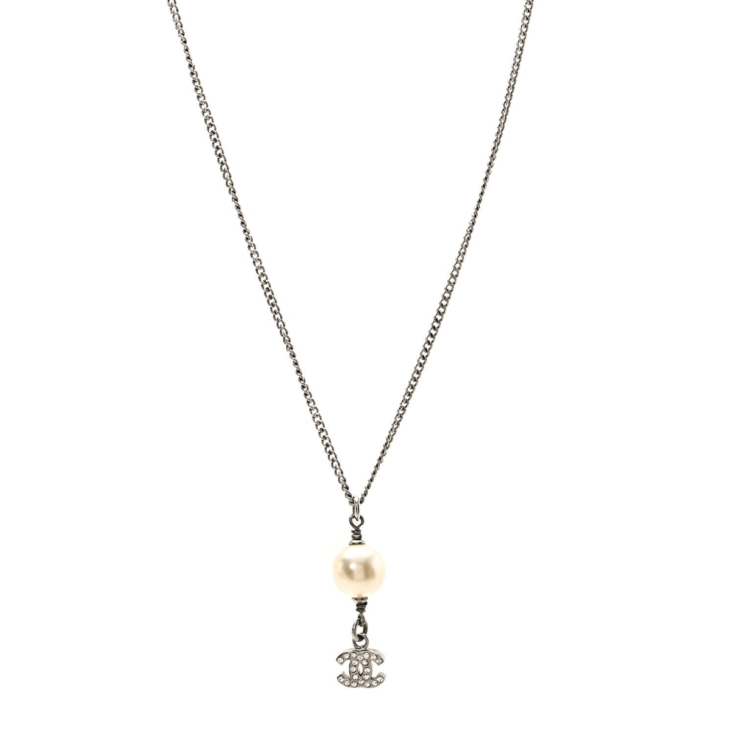 Chanel Pearl Crystal CC Pendant Necklace Silver 1 of 4