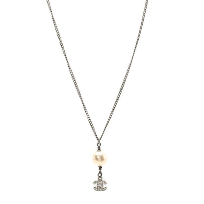 Chanel Pearl Crystal CC Pendant Necklace Silver 1 of 4
