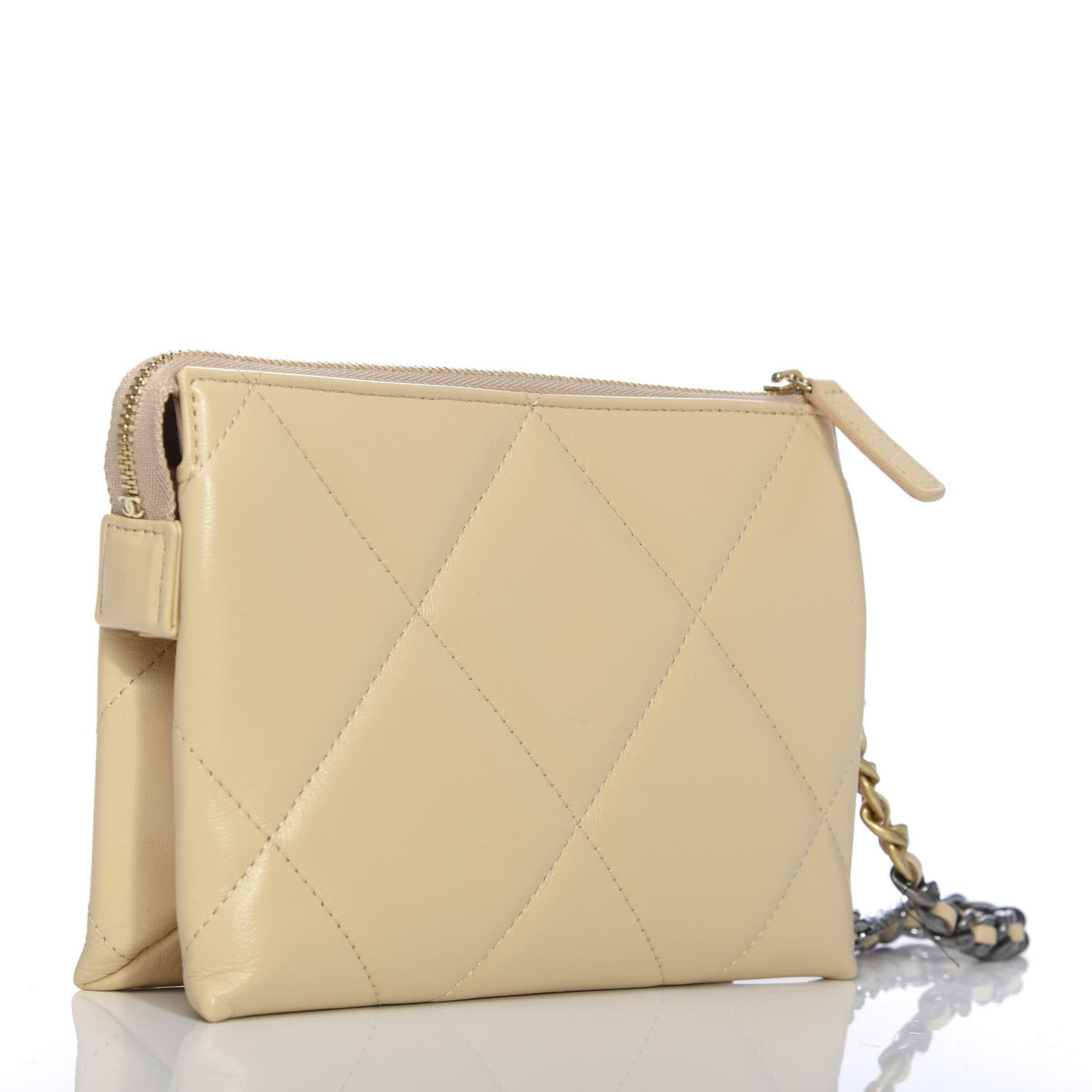 Shiny Goatskin Quilted 19 Small Pouch With Handle Beige
