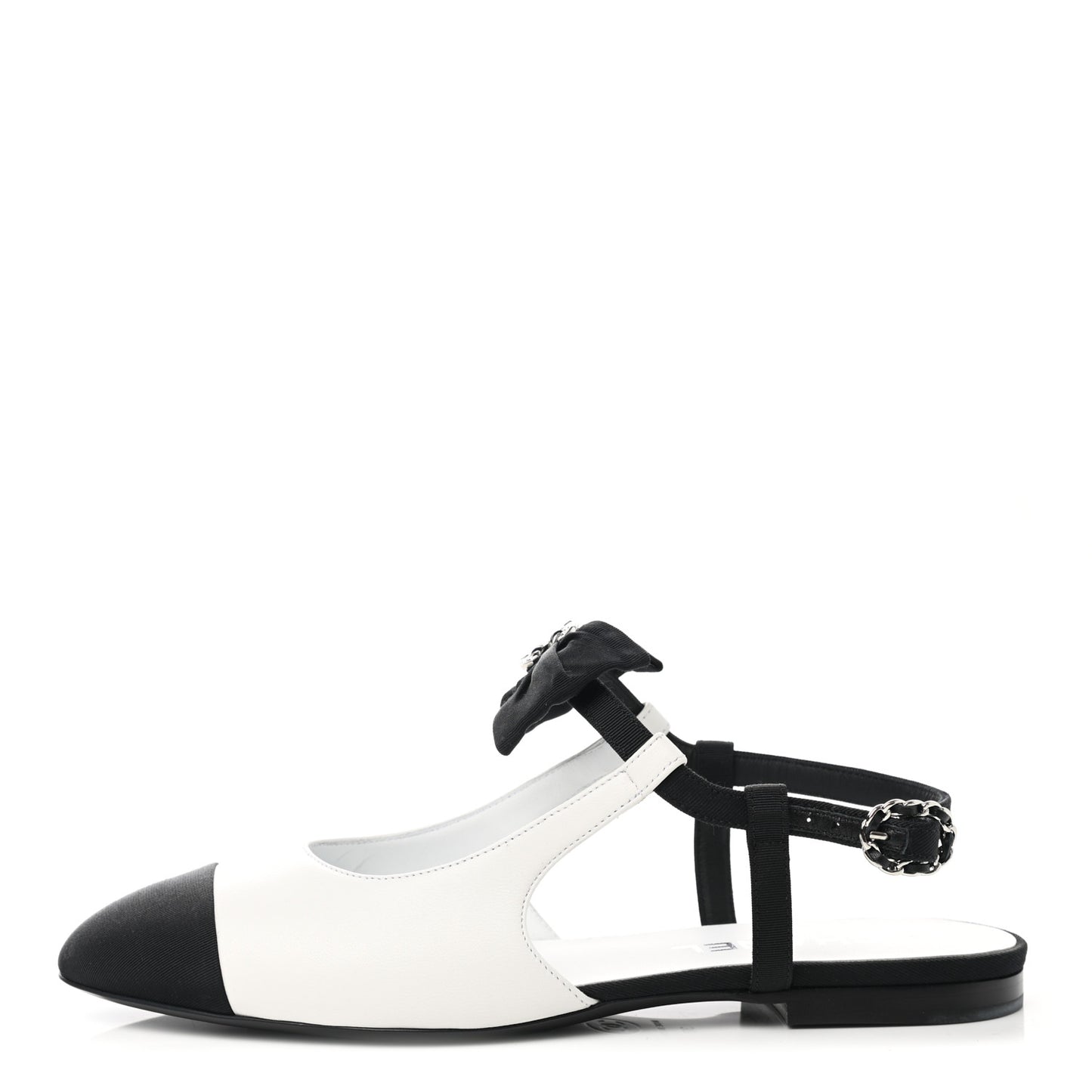 Lambskin Grosgrain Crystal Chain CC Logo Bow Slingback Flats 38 White Black