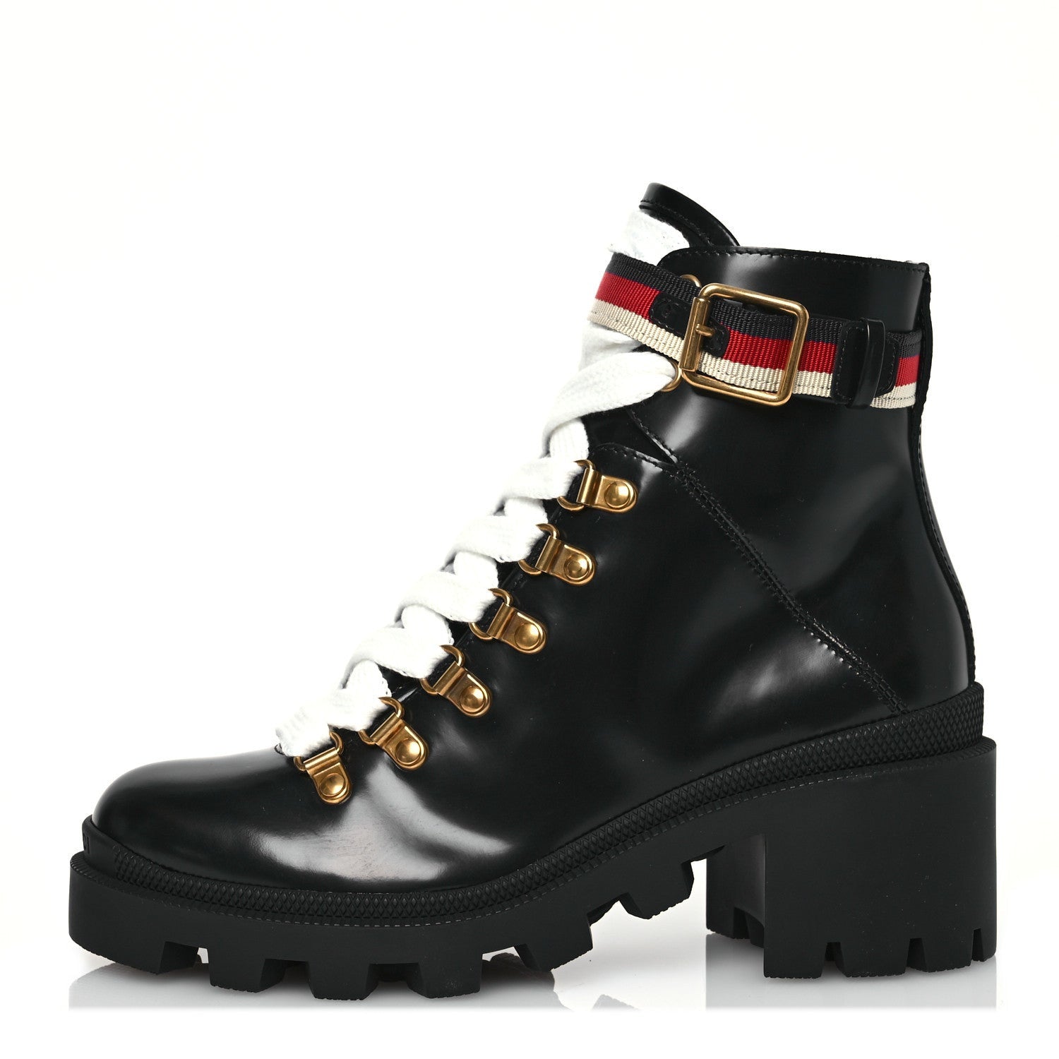 Gucci Calfskin Sylvie Web Womens Lace Up Combat Boots 35 Black 1 of 7