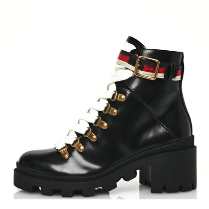 Gucci Calfskin Sylvie Web Womens Lace Up Combat Boots 35 Black 1 of 7