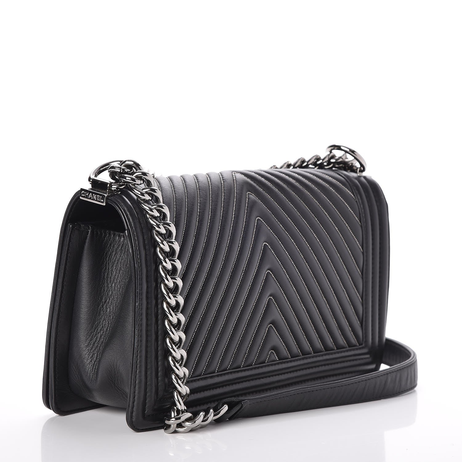 Chanel Calfskin Chevron Quilted Medium Chain Boy Flap Black 3 of 7