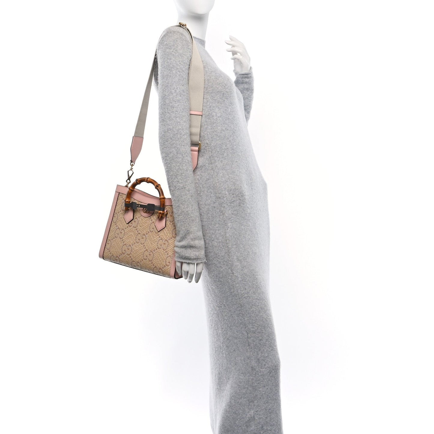 Raffia Textured Dollar Calfskin GG Monogram Small Diana Tote Bag Wild Rose Fuxia Fluo