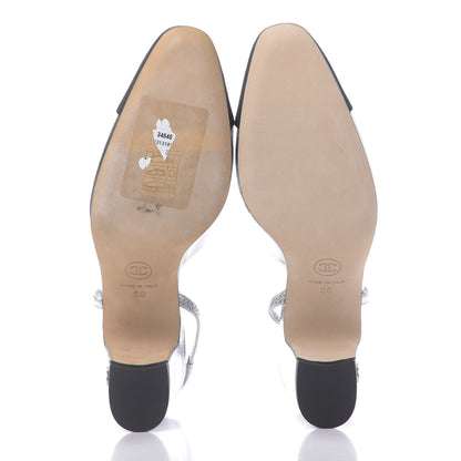 Chanel Laminated Lambskin Grosgrain Cap Toe CC Slingback Sandals 36 Silver Black 5 of 13