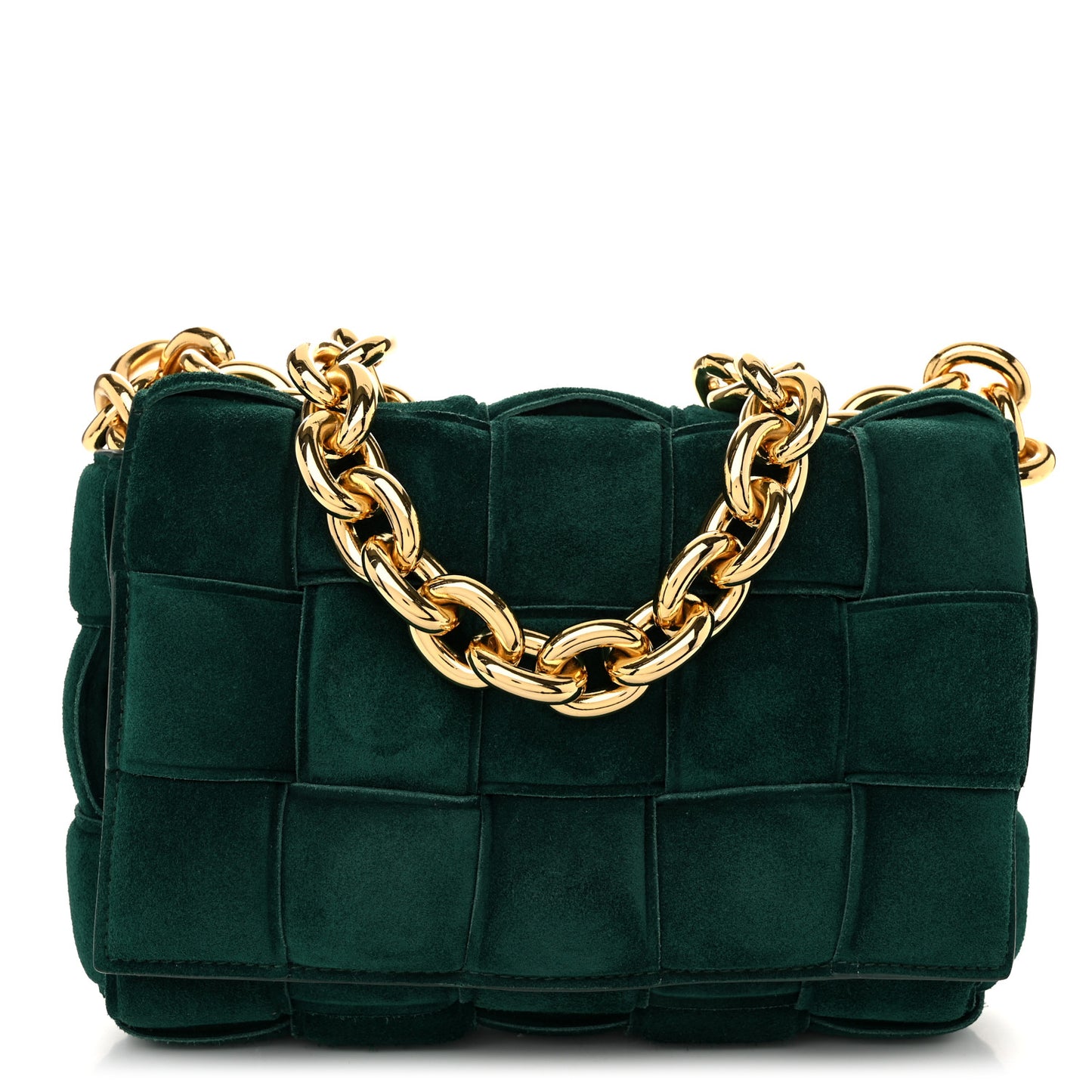 Suede Maxi Intrecciato Padded Chain Cassette Crossbody Bag Emerald Green