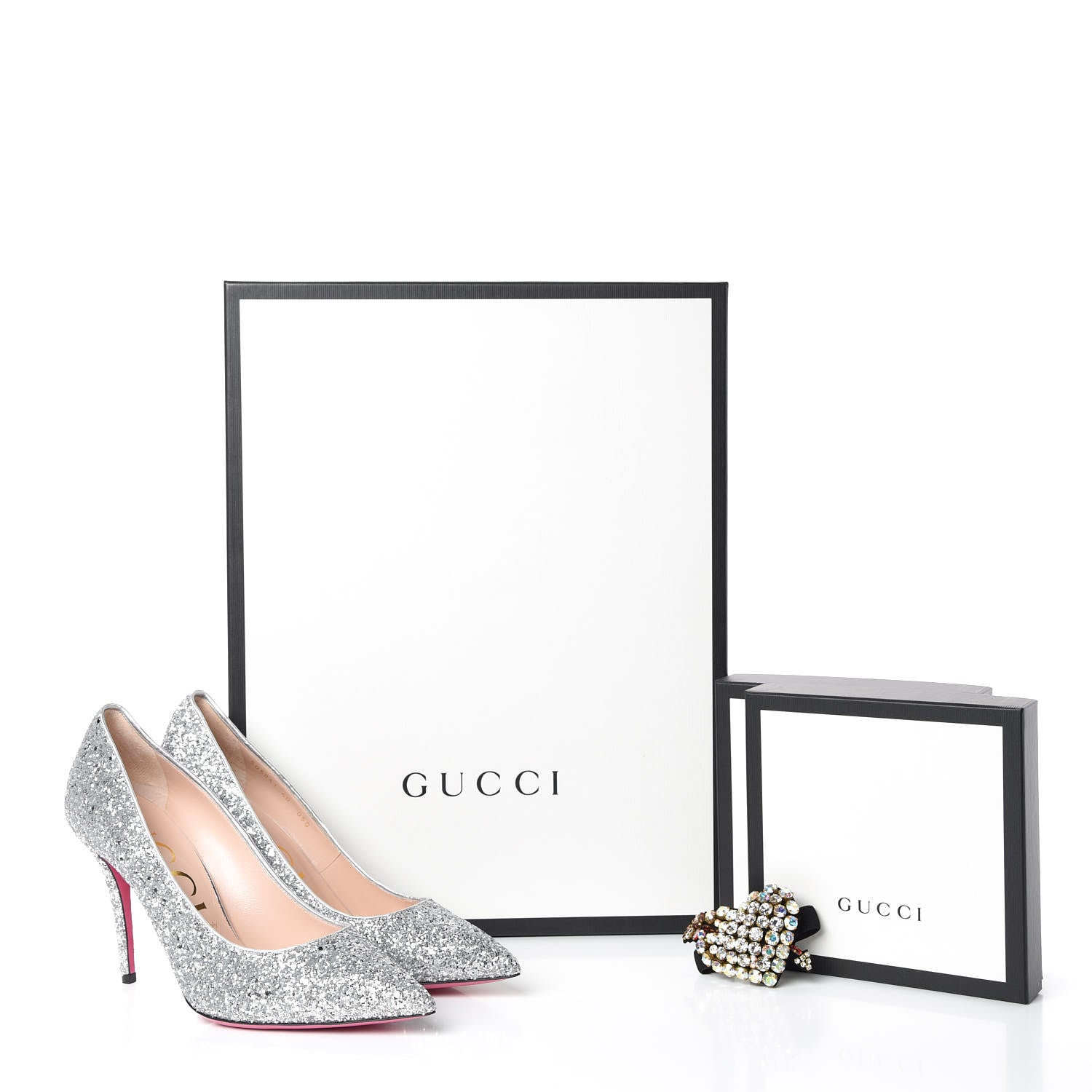Gucci Nappa Silk Crystal Removable Heart Pumps 40 Argento 8 of 8