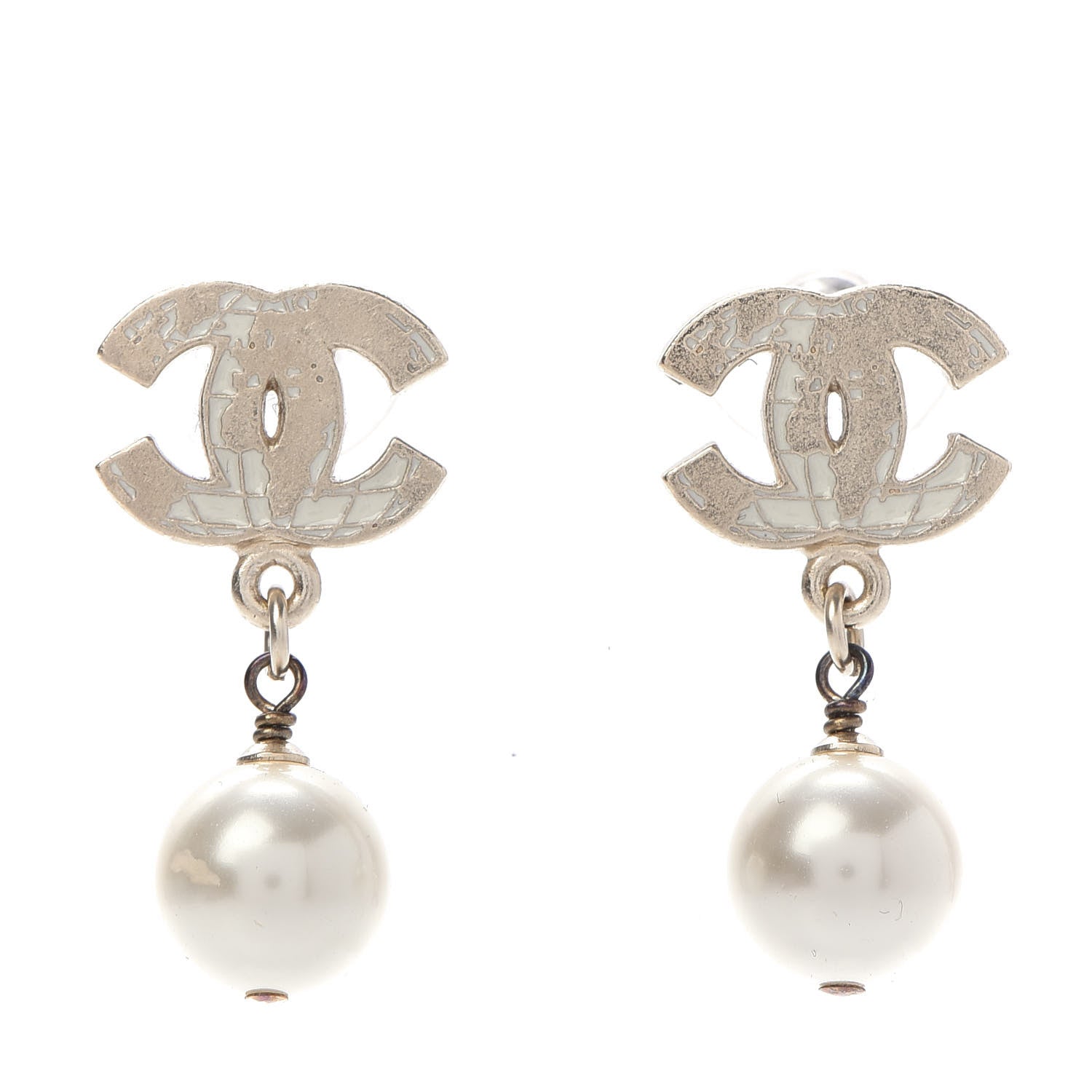 Chanel Pearl Enamel World CC Drop Earrings Gold Ivory 1 of 4
