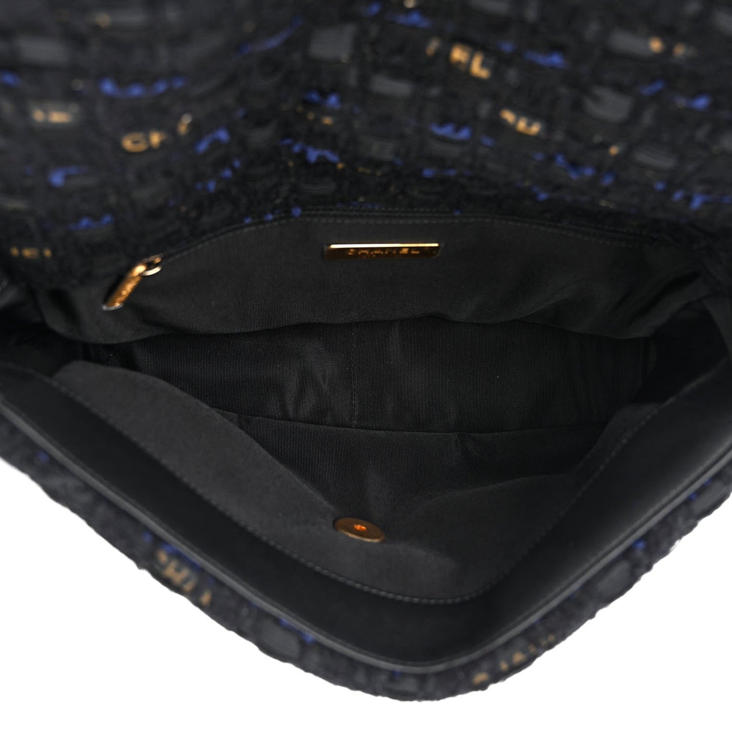 Tweed Quilted Large 19 Flap Black Navy Gold