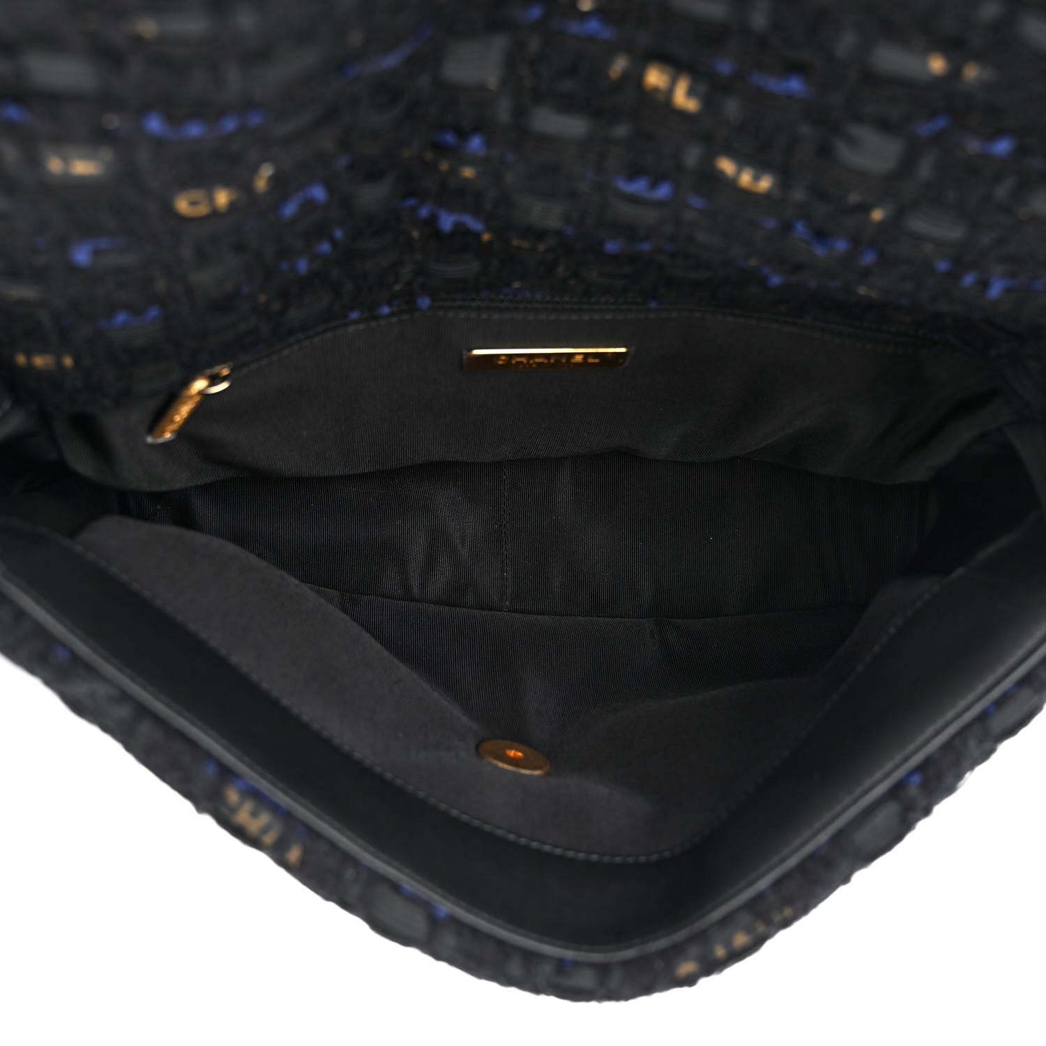 Chanel Tweed Quilted Large 19 Flap Black Navy Gold 5 of 7