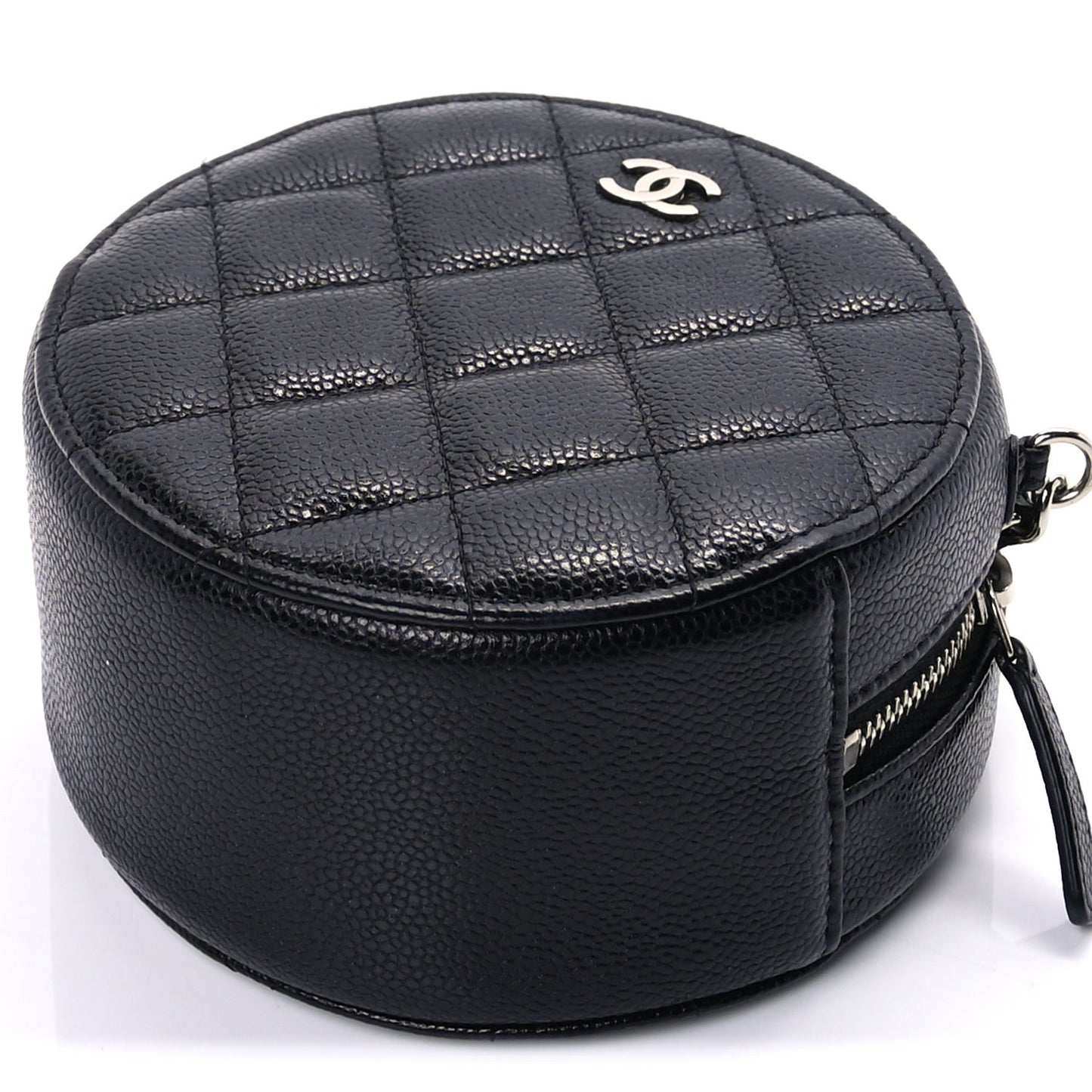 Caviar Quilted Round Clutch With Chain  Black