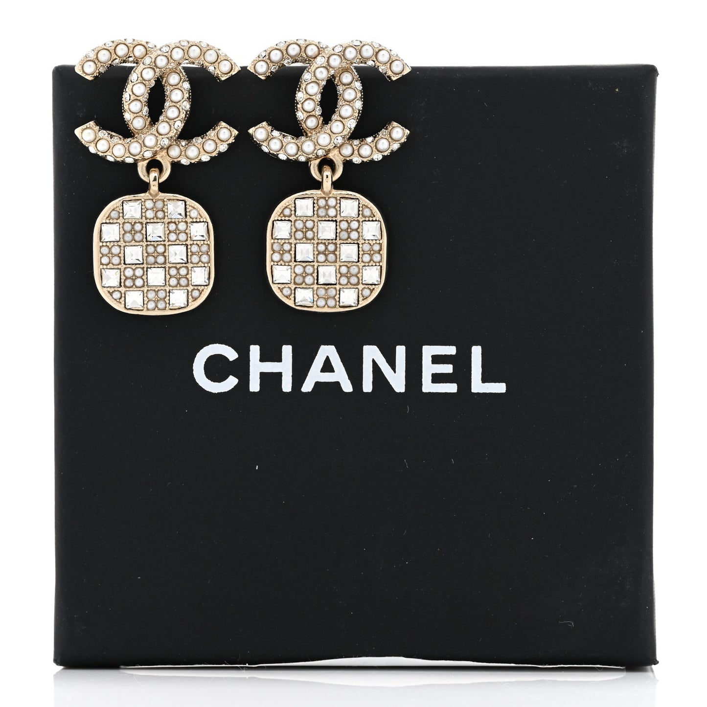 Pearl Baguette Crystal CC Drop Earrings Gold