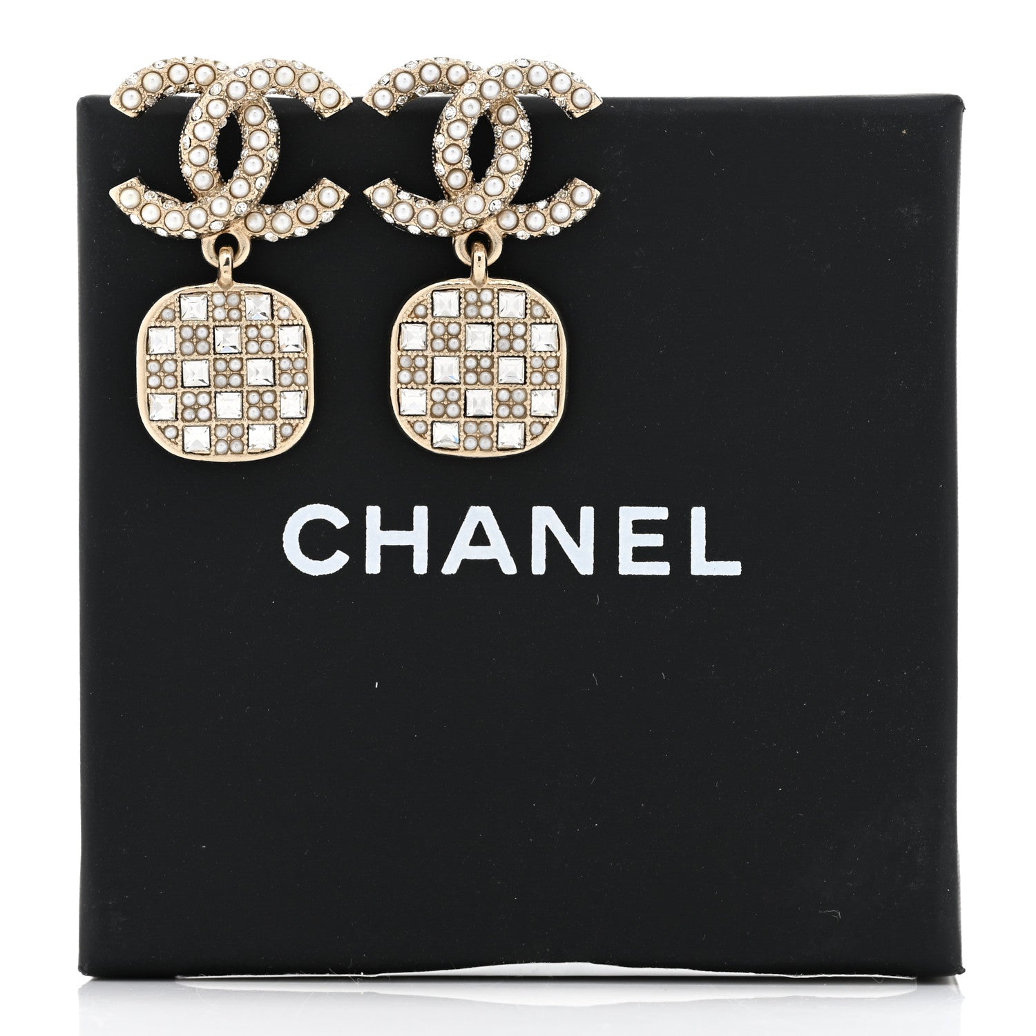 Chanel Pearl Baguette Crystal CC Drop Earrings Gold 5 of 5