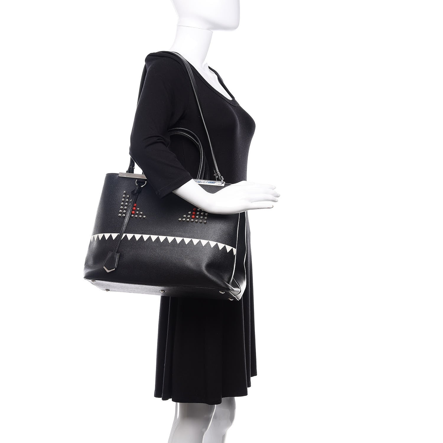 Fendi Vitello Elite Studded Monster Medium 2Jours Tote Black 2 of 10