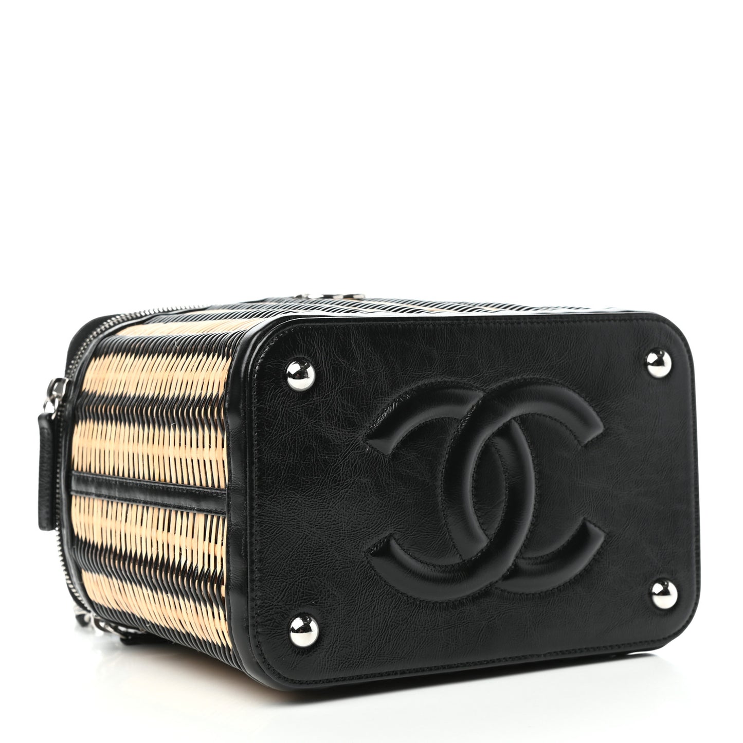 Glazed Calfskin Raffia Vanity Case Bag Black Beige