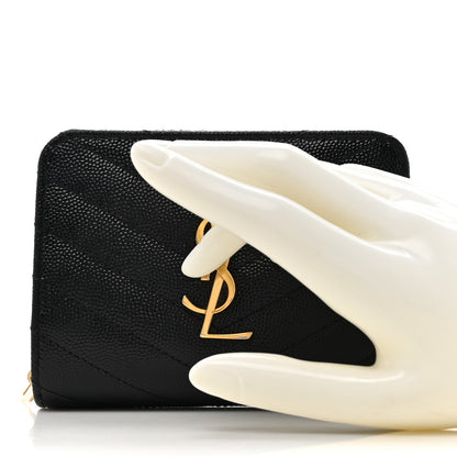 Saint Laurent Grain De Poudre Matelasse Chevron Monogram Compact Zip Around Wallet Black 2 of 11
