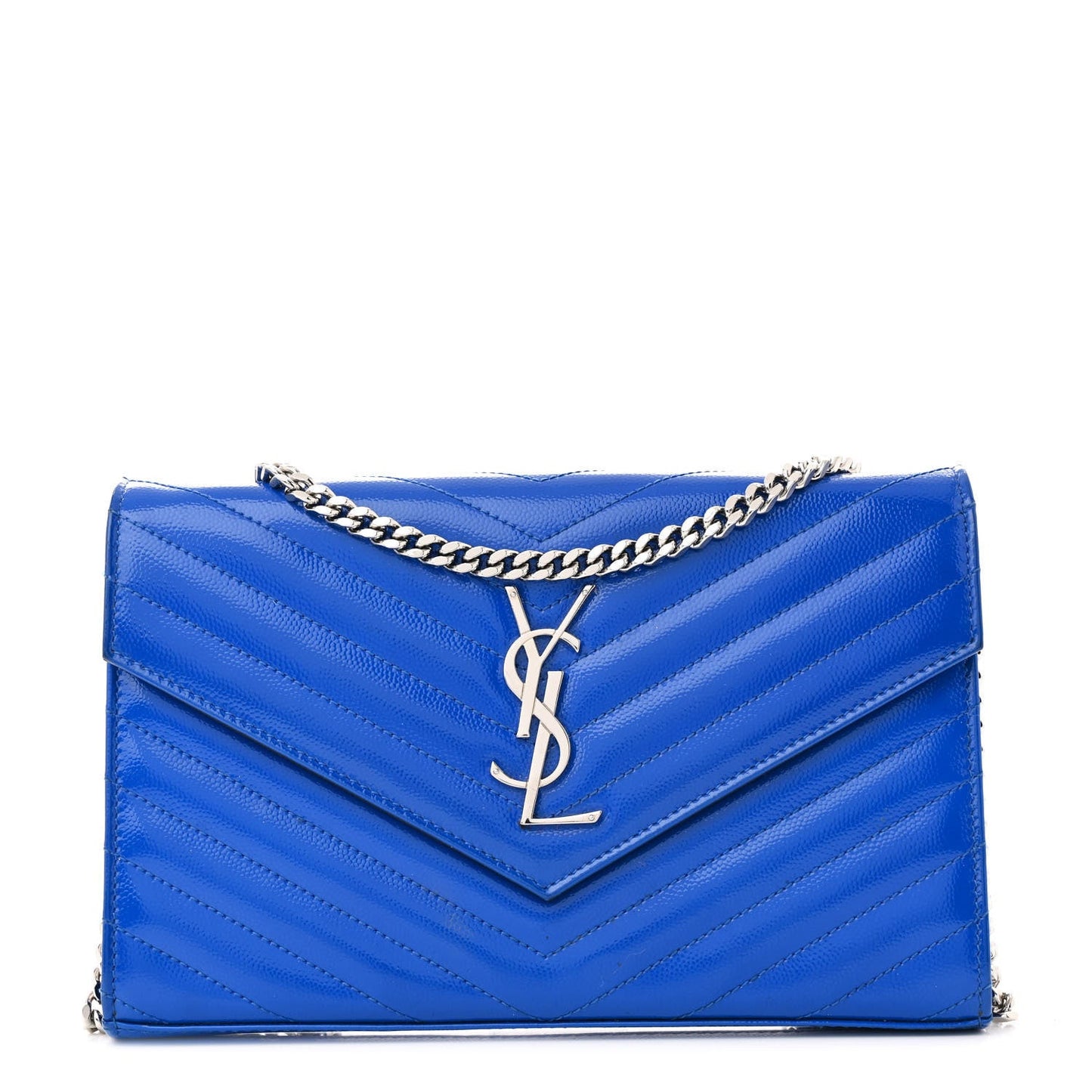 Patent Grain De Poudre Matelasse Chevron Monogram Chain Wallet Blue Majorelle
